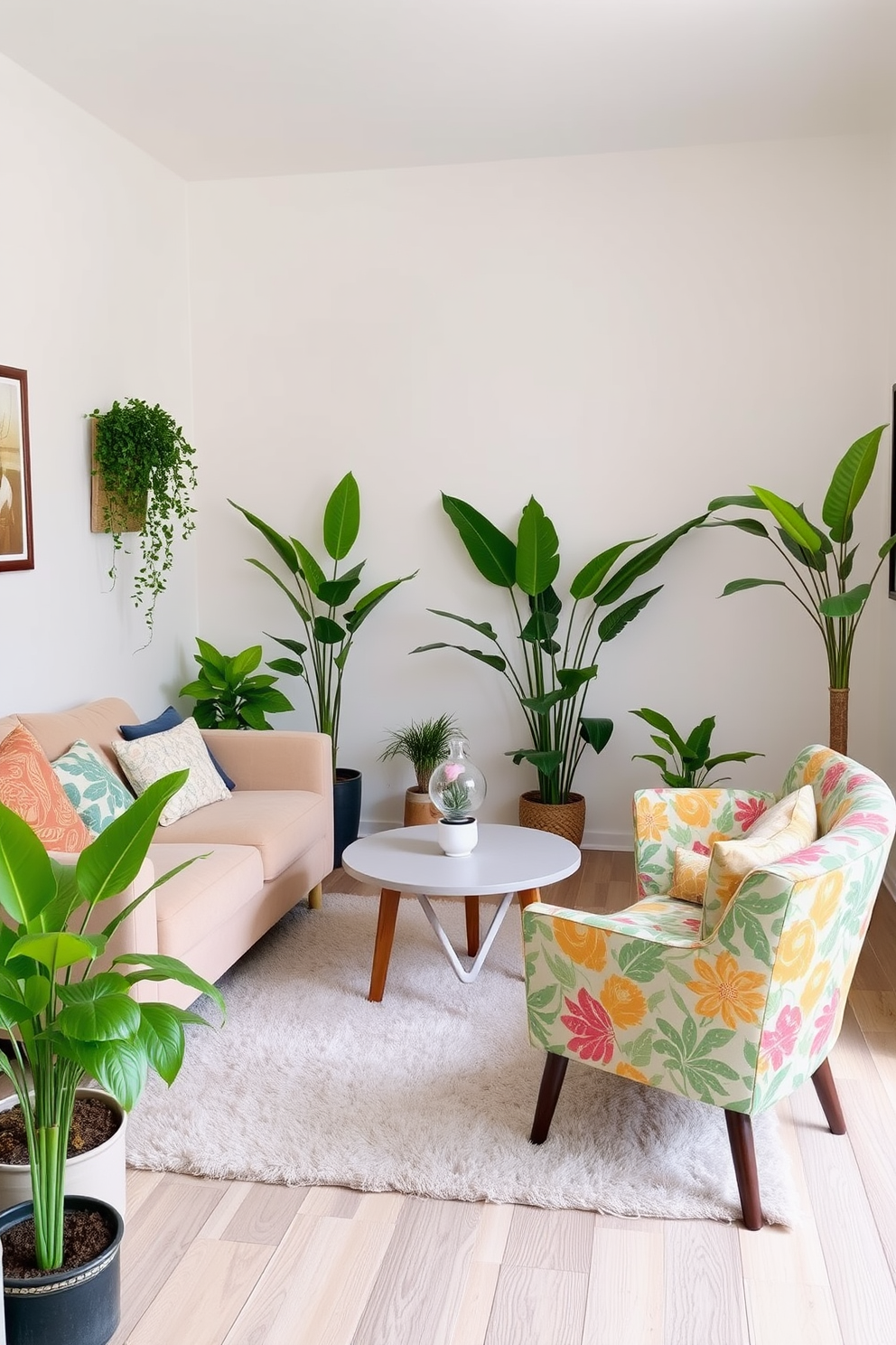 A cozy small living room features a mix of seating options including a plush beige sofa paired with a vibrant patterned armchair. A round coffee table sits in the center, surrounded by a soft area rug that adds warmth to the space. Bright green plants are strategically placed in corners, bringing a touch of nature indoors. The walls are painted in a light pastel color, enhancing the airy and inviting atmosphere of the room.