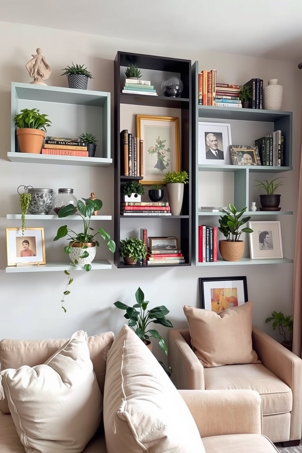 Artistic wall shelves are elegantly arranged in a small living room, showcasing a variety of decorative items that reflect personal style. The shelves are painted in a soft pastel color, complementing the light and airy atmosphere of the space. Vibrant plants and carefully curated books add life and character to the room, while framed art pieces are strategically placed to enhance the overall aesthetic. Cozy seating options in neutral tones create a welcoming environment for relaxation and socializing.