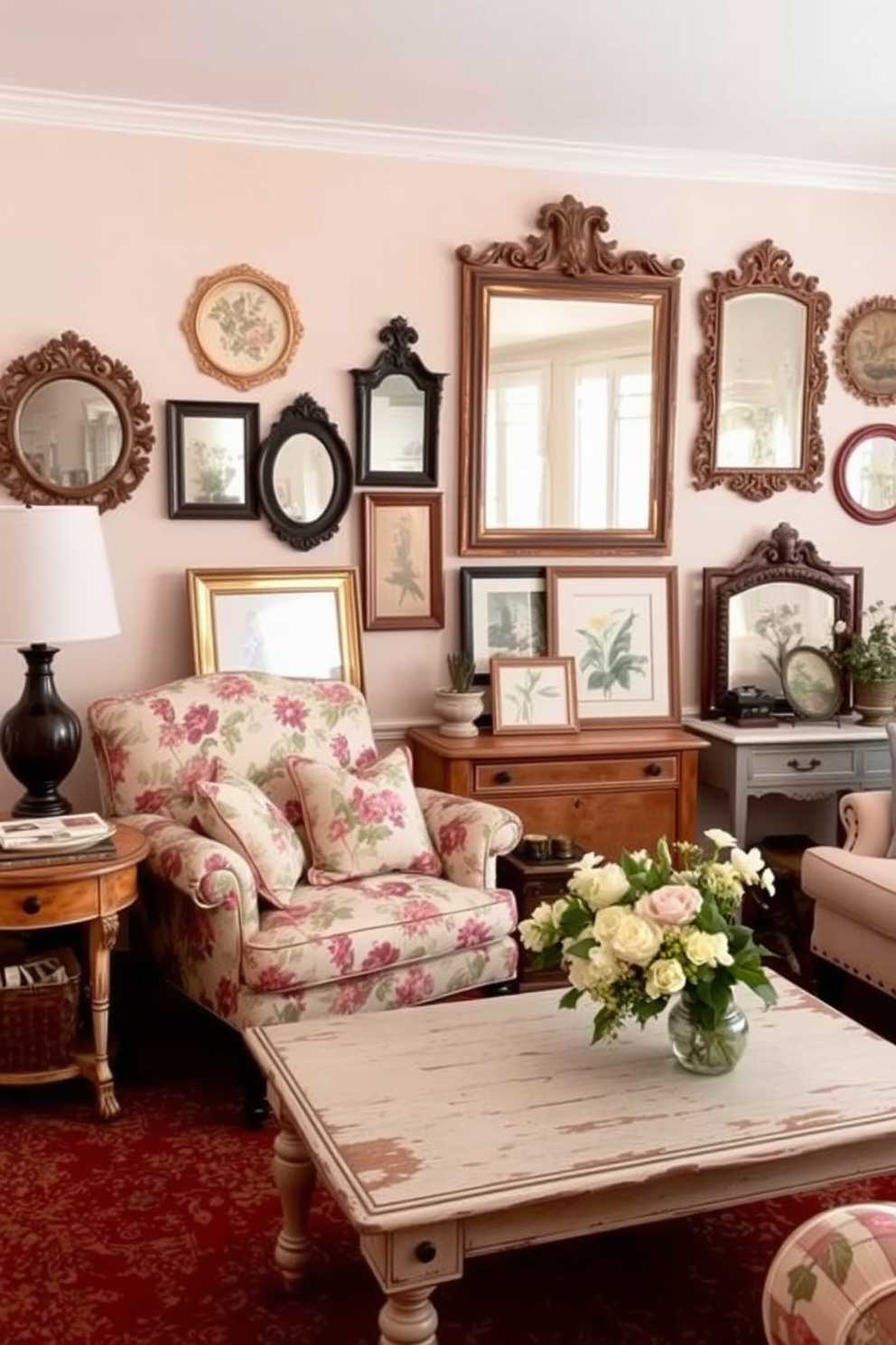 A cozy living room adorned with vintage accents. A plush, floral-patterned armchair is paired with a distressed wooden coffee table, creating an inviting seating area. The walls are painted in a soft pastel hue, enhancing the warmth of the space. A collection of framed botanical prints and antique mirrors adds character and charm to the room.