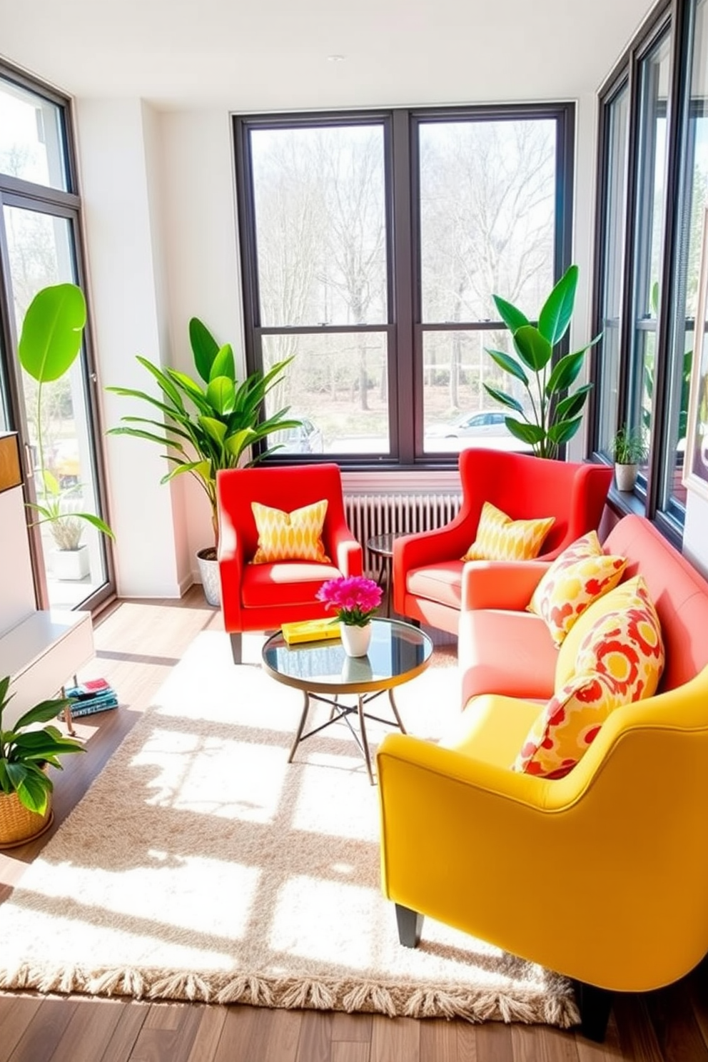 Brightly colored accent chairs are strategically placed in a small living room, adding a lively touch to the space. The chairs feature playful patterns, complementing the light and airy atmosphere created by large windows that let in natural light. A soft area rug in a neutral tone anchors the seating arrangement, while vibrant throw pillows enhance the cheerful ambiance. Potted plants in the corners bring a touch of nature indoors, completing the fresh Spring decor theme.