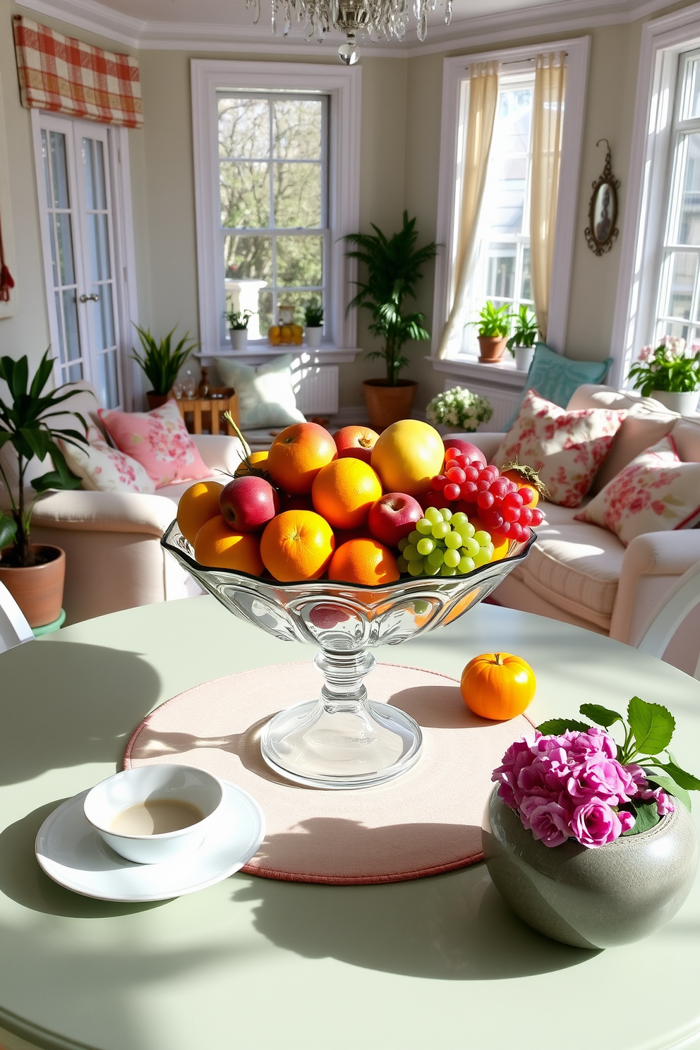 A vibrant table centerpiece featuring a variety of fresh fruits including apples, oranges, and grapes arranged in a stylish bowl. Surrounding the centerpiece, a light and airy atmosphere is created with soft pastel accents and natural light streaming through the windows. In the small living room, cozy seating is arranged to encourage conversation, complemented by a colorful area rug that ties the space together. Decorative cushions in floral patterns add a touch of spring charm, while a few potted plants bring life and freshness to the room.