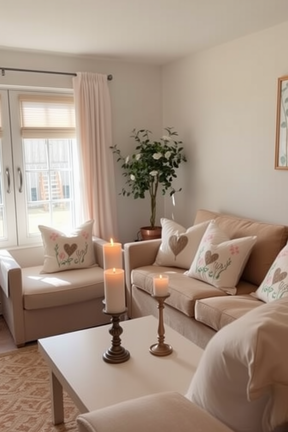 A cozy small living room filled with natural light. The space features candles in varying heights arranged on a coffee table, creating a warm and inviting ambiance. Soft pastel colors dominate the decor, with spring-themed cushions adorning the sofa. A small potted plant sits in the corner, adding a touch of freshness to the room.