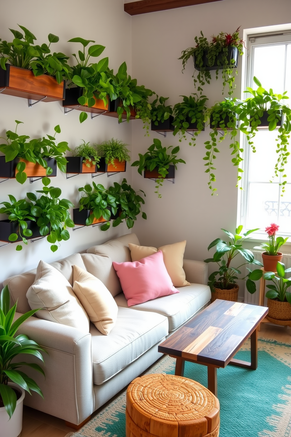 A cozy small living room adorned with wall-mounted planters filled with vibrant green plants. The planters are arranged artistically along the walls, creating a lush vertical garden that breathes life into the space. The room features a comfortable sofa in a light fabric, paired with a rustic wooden coffee table. Soft pastel cushions add a touch of color, while a stylish rug anchors the seating area, enhancing the inviting atmosphere.