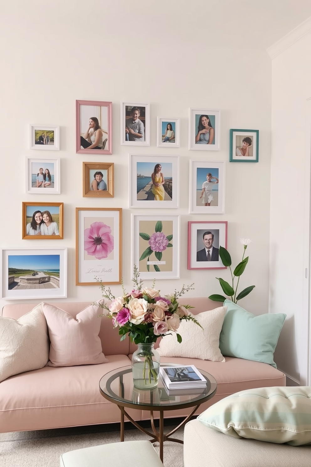 A gallery wall features an eclectic mix of family photos and vibrant artwork arranged in a harmonious layout. The wall is painted a soft white, allowing the colors of the frames and artwork to pop, creating a warm and inviting atmosphere. In the small living room, spring decorating ideas are brought to life with light pastel colors and fresh floral accents. A cozy seating area is adorned with cushions in shades of lavender and mint, complemented by a stylish coffee table adorned with a vase of seasonal flowers.