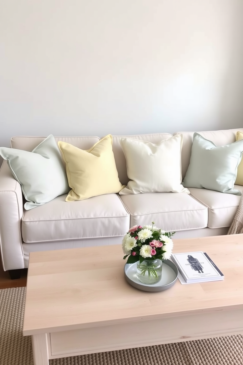 Lightweight pastel throw pillows are arranged on a comfortable sofa in a cozy spring-themed living room. The walls are painted in a soft white hue, and a light wooden coffee table sits in front of the sofa, adorned with a small vase of fresh flowers.