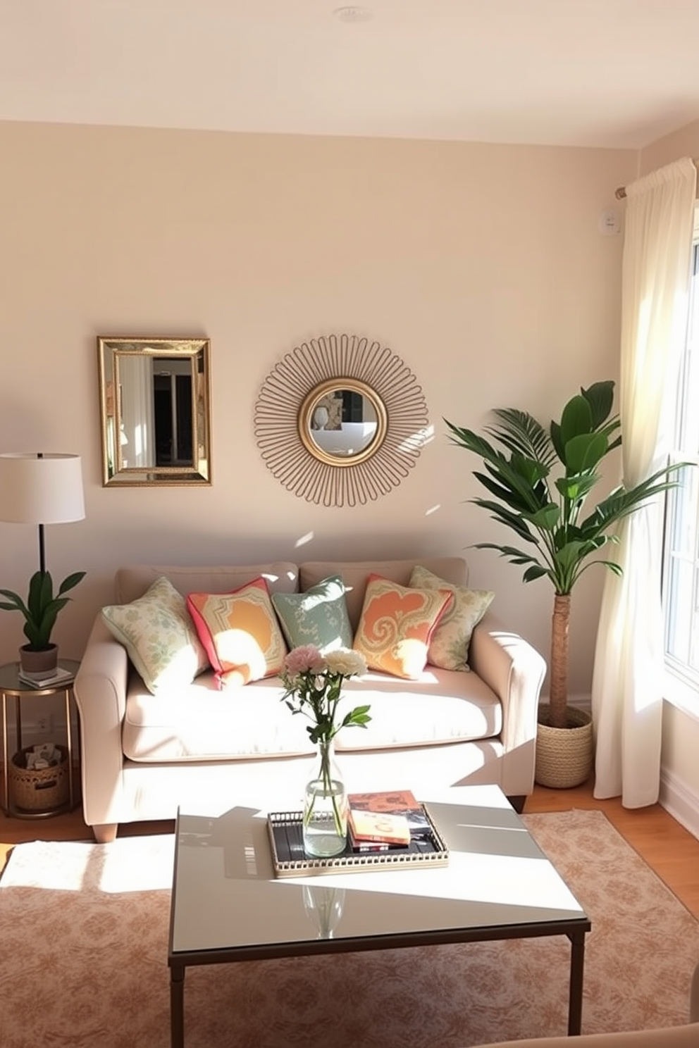 A cozy small living room filled with natural light. The walls are painted in a soft pastel hue, and the decor features decorative mirrors that reflect the sunlight and create an airy atmosphere. A plush sofa adorned with colorful cushions sits in the center of the room. A stylish coffee table with a floral arrangement complements the space, while light curtains flutter gently by the window.