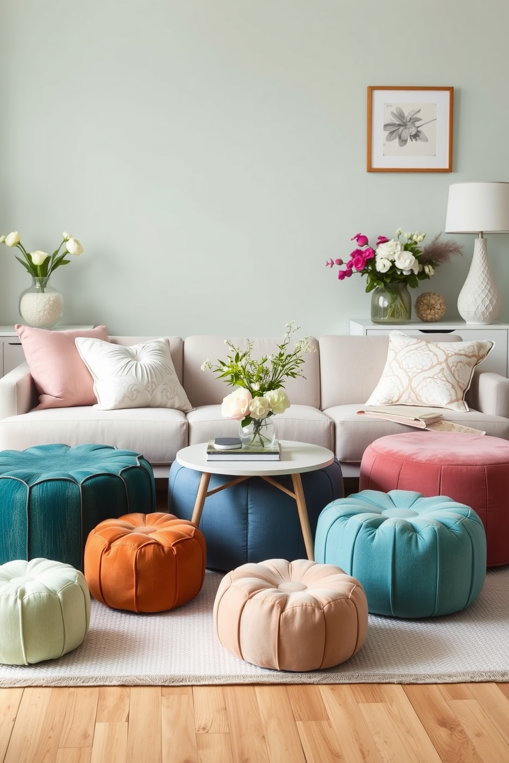 A collection of stylish poufs in various textures and colors is arranged around a small coffee table. The poufs add a playful touch to the spring-themed living room, complementing the light pastel decor and fresh floral accents.