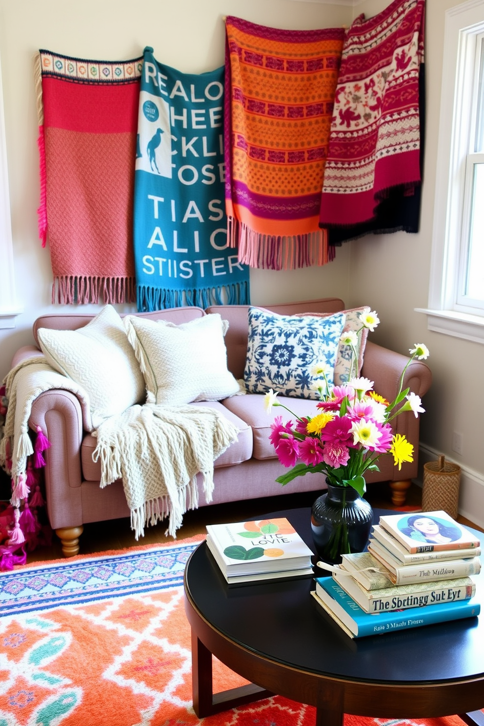 A cozy small living room adorned with whimsical throw blankets in vibrant colors and playful patterns. The space features a comfortable sofa with a mix of textured cushions, inviting warmth and charm. Decorative accents include a bright area rug that ties the room together and a small coffee table topped with a stack of art books. Fresh flowers in a cheerful vase add a touch of springtime elegance to the inviting atmosphere.