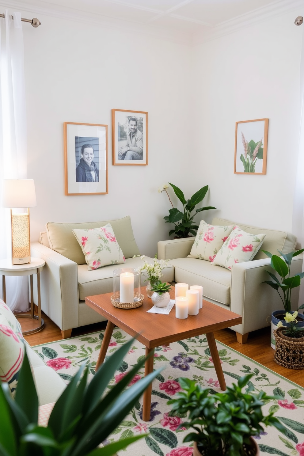 A cozy small living room adorned with fresh spring decor. Soft pastel hues dominate the space, featuring a light green sofa paired with floral throw pillows and a wooden coffee table topped with scented candles. In one corner, a stylish diffuser releases uplifting seasonal scents, enhancing the ambiance. A vibrant area rug with a botanical pattern anchors the seating area, while potted plants add a touch of nature to the room.