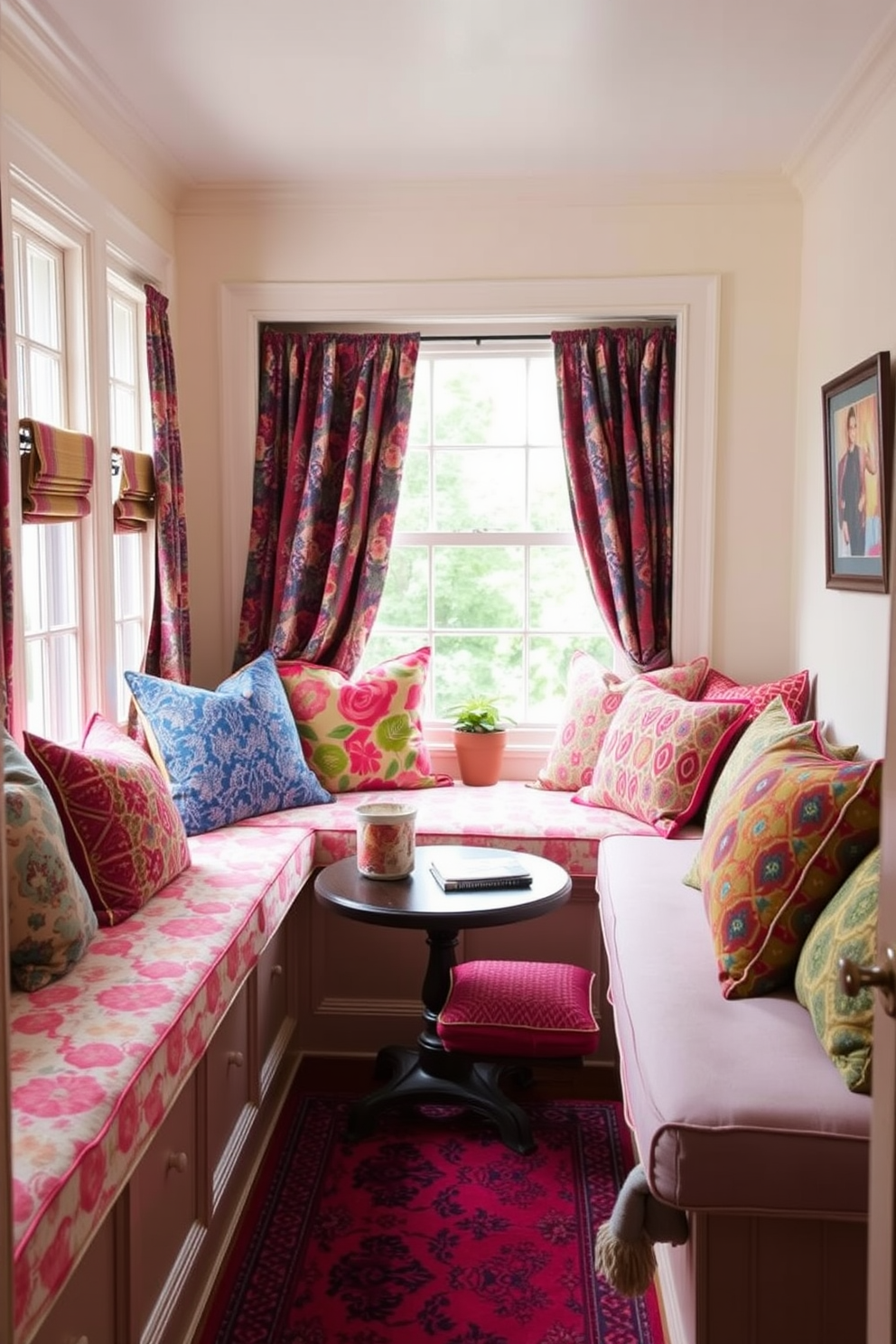 A cozy small living room adorned with colorful cushions on window seats. The cushions feature a mix of vibrant patterns and textures, creating a cheerful and inviting atmosphere.