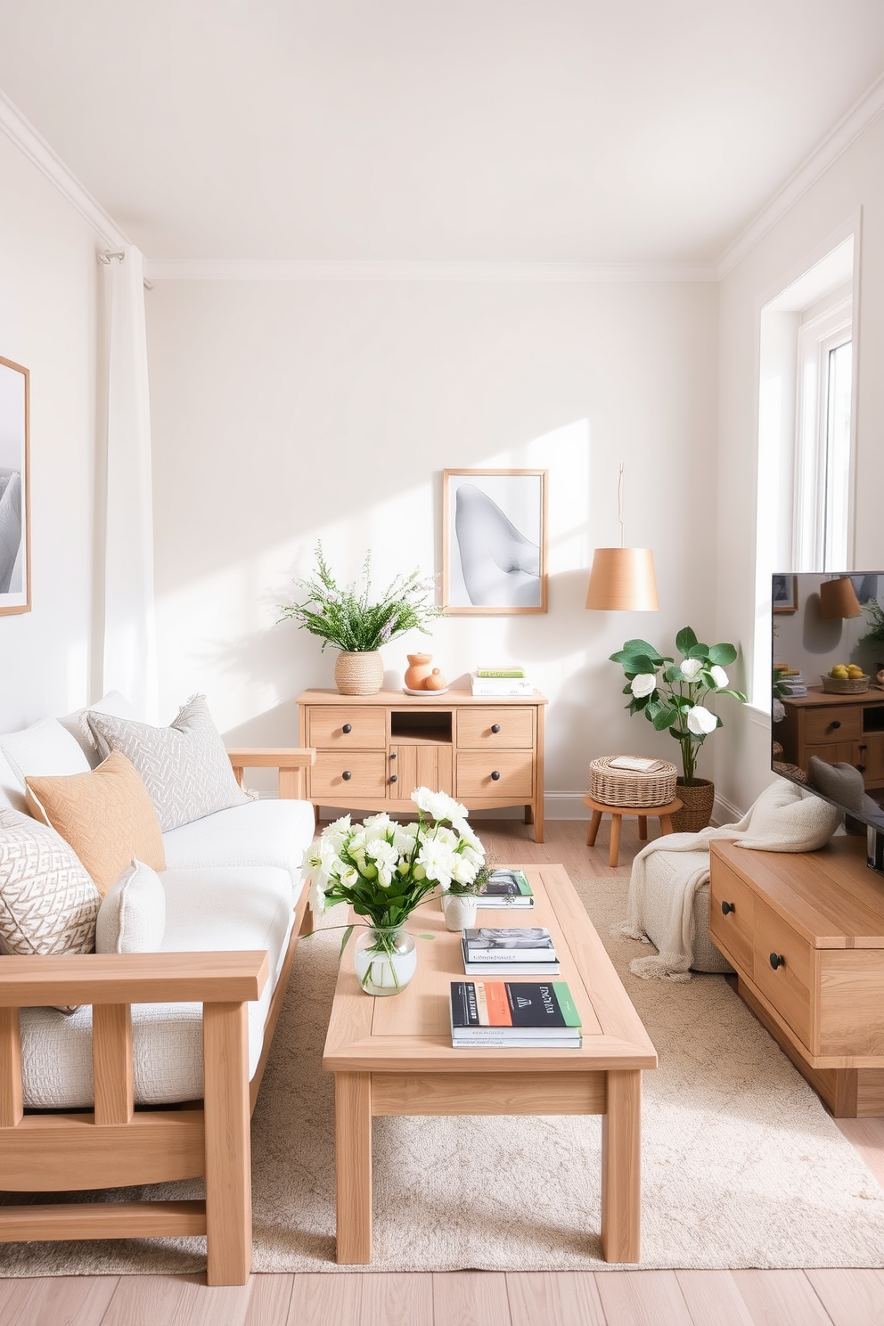 Light wood furniture creates a fresh and inviting atmosphere in a small living room. Incorporate soft pastel colors and natural textures to enhance the spring vibe and make the space feel airy and open.