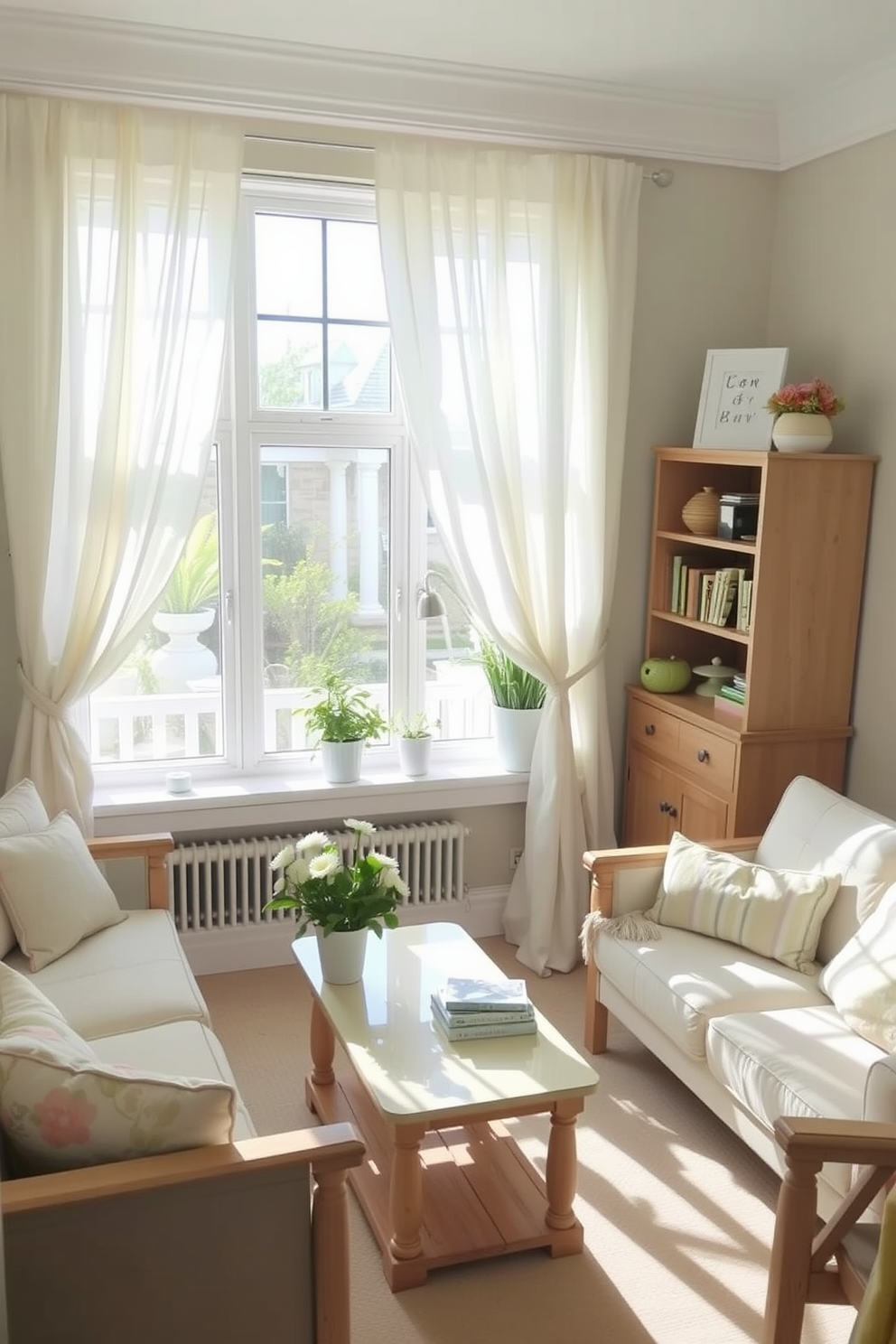 A small living room filled with natural light where breezy fabric drapes softly frame the windows. The decor features pastel colors and light wooden furniture to create a fresh and inviting atmosphere.