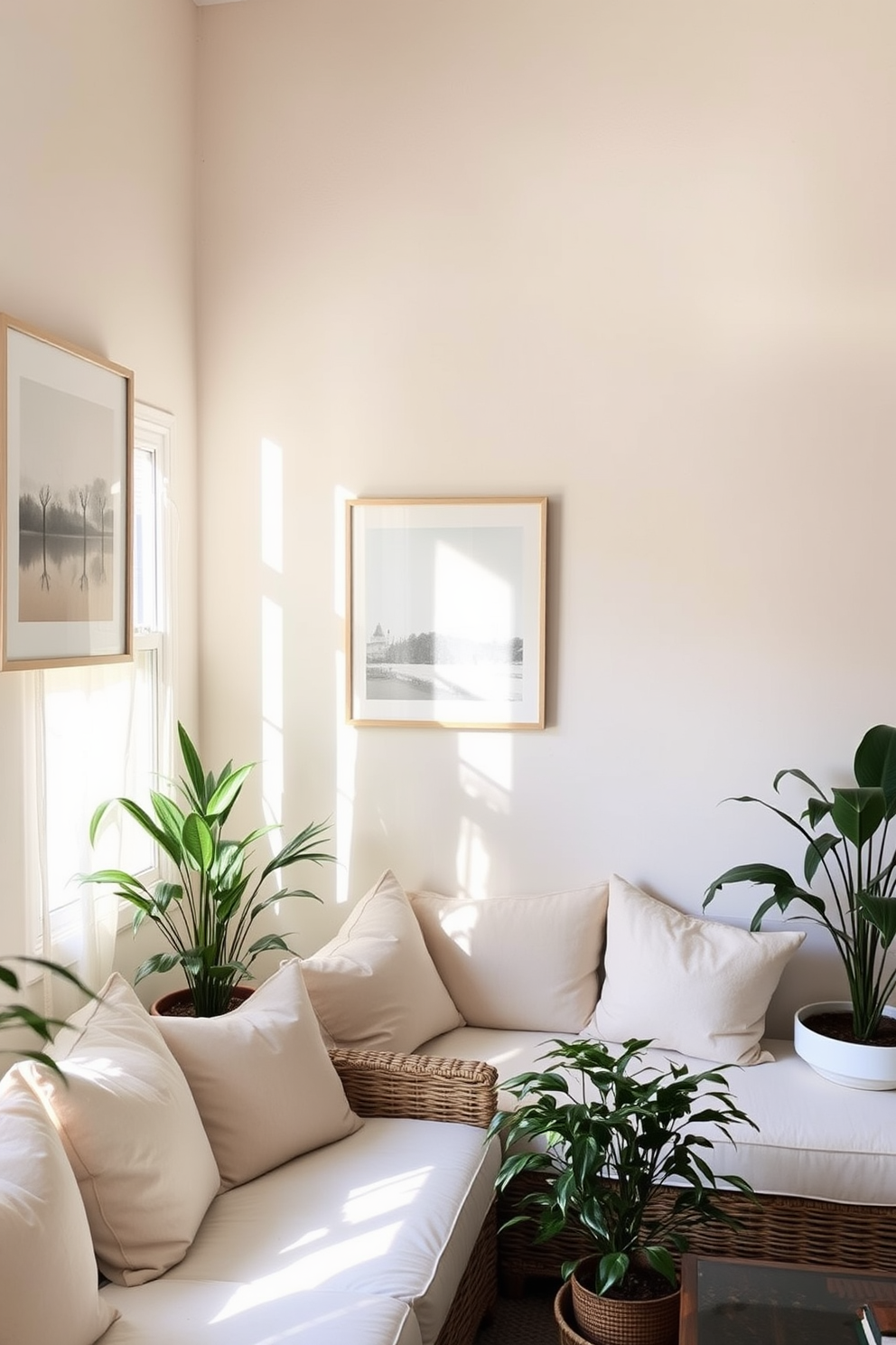 Soft pastel artwork adorns the walls, creating a soothing atmosphere in the space. A cozy seating arrangement with light-colored cushions complements the gentle color palette. Natural light filters through sheer curtains, enhancing the tranquil vibe of the room. Potted plants in the corners add a touch of freshness and life to the decor.