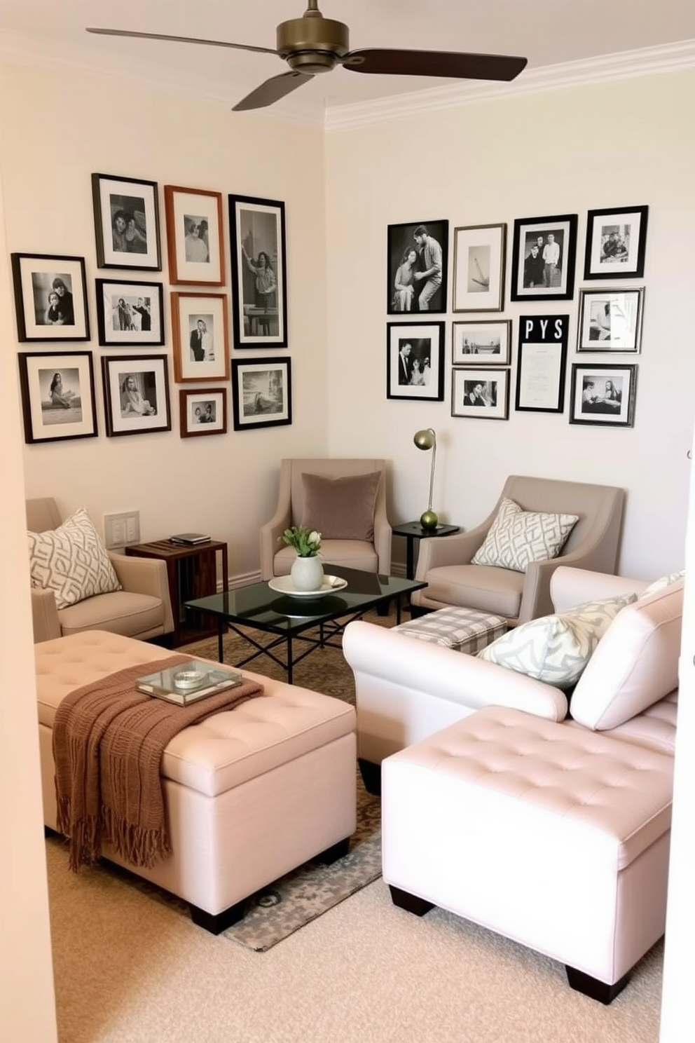 A cozy small living room adorned with functional ottomans that provide both storage and style. The ottomans are upholstered in a soft pastel fabric, complementing the light-colored walls and adding a touch of elegance to the space. In the corner, a stylish coffee table sits atop a textured area rug, surrounded by a pair of accent chairs. A gallery wall featuring framed artwork and personal photos adds character and warmth to the room.