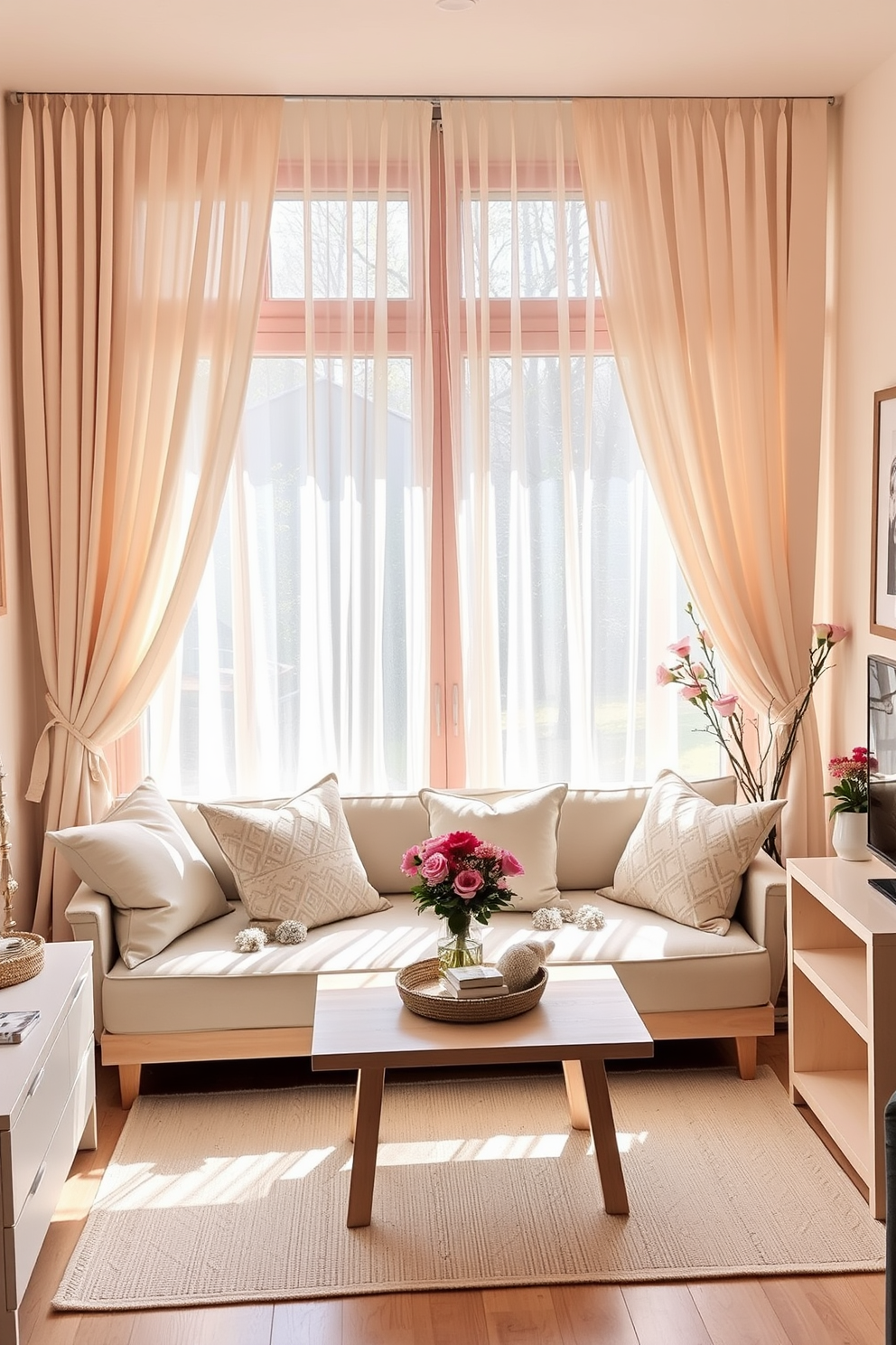 A small living room adorned with sheer curtains that gently filter in airy natural light. The space features a cozy seating arrangement with pastel-colored cushions, complemented by a light wooden coffee table and vibrant spring-themed decor.