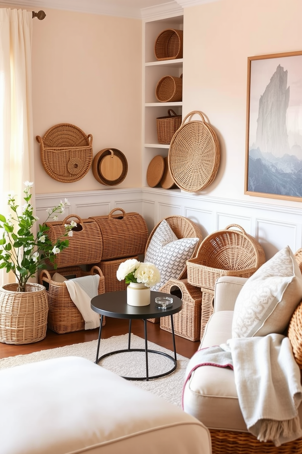 A small living room featuring decorative baskets for stylish storage. The baskets are made of natural fibers and are arranged neatly in a corner, adding texture and warmth to the space. The room is adorned with soft pastel colors and light fabrics, creating a fresh spring atmosphere. A cozy seating area with a small coffee table complements the baskets, enhancing the overall charm of the decor.