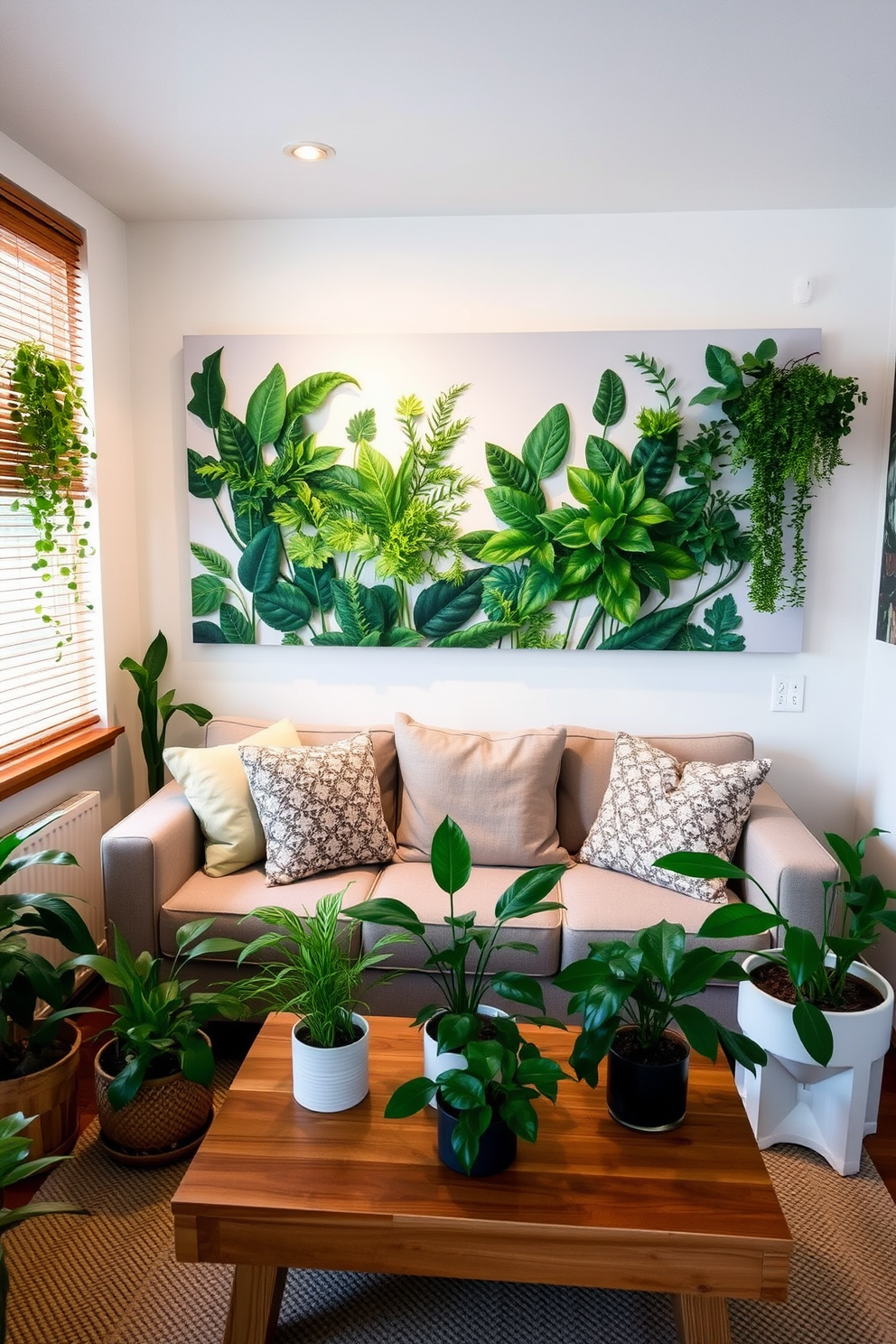 A cozy small living room adorned with nature-inspired wall art featuring lush greens. The space includes a comfortable sofa with soft cushions and a wooden coffee table surrounded by potted plants.