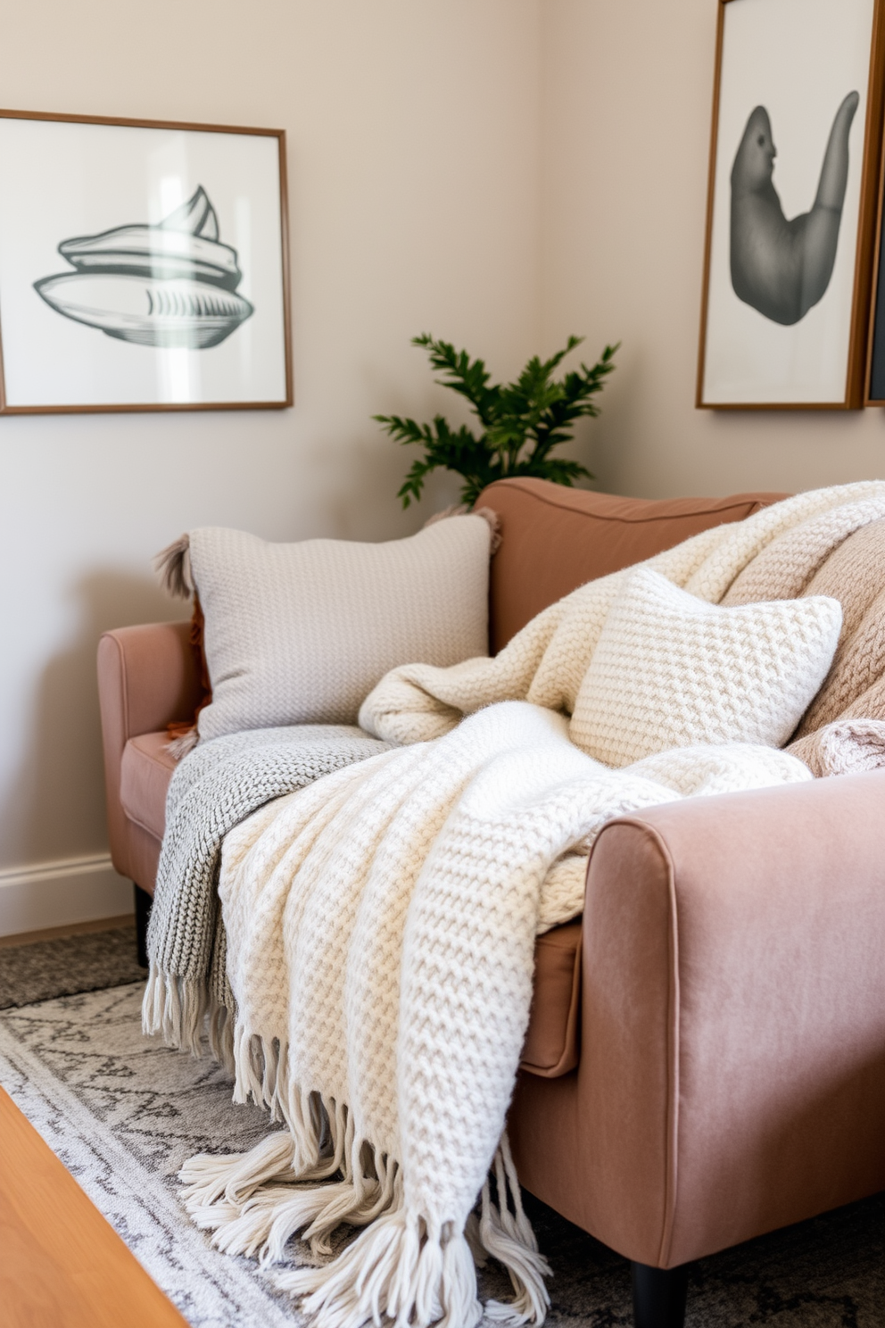 Layered textures create a cozy atmosphere in a small living room. Soft blankets in varying shades and patterns are draped over a plush sofa, inviting relaxation and warmth.