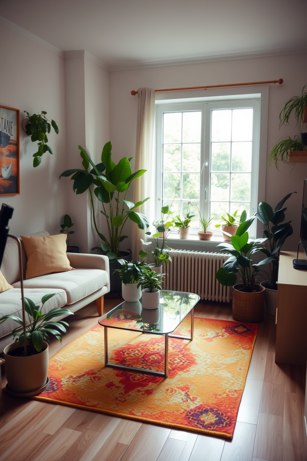 A cozy small living room filled with natural light. Potted plants in various sizes are strategically placed around the room, adding a refreshing touch of nature. The furniture features a soft pastel color palette with a comfortable sofa and a stylish coffee table. A vibrant area rug anchors the space, complementing the greenery and creating a welcoming atmosphere.