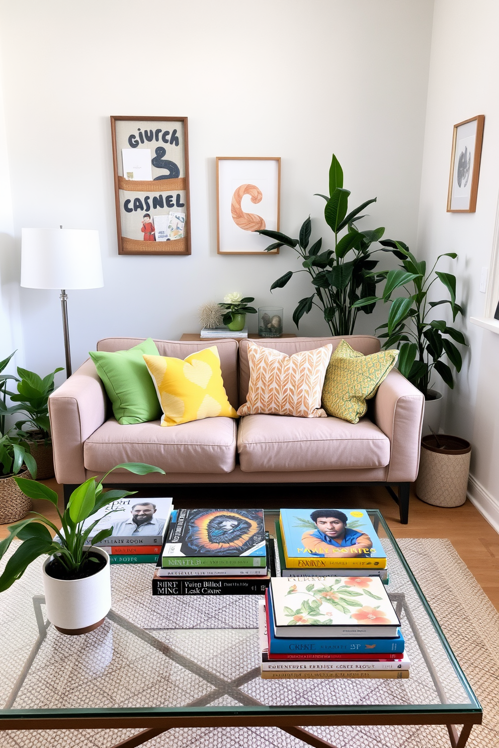 A bright and inviting small living room features a cozy seating arrangement with a plush sofa adorned with colorful throw pillows. On a stylish coffee table, an array of colorful coffee table books adds visual interest and personality to the space. The walls are painted in a soft pastel hue, complementing the fresh spring decor. A few potted plants are strategically placed around the room, enhancing the lively atmosphere and bringing the outdoors in.