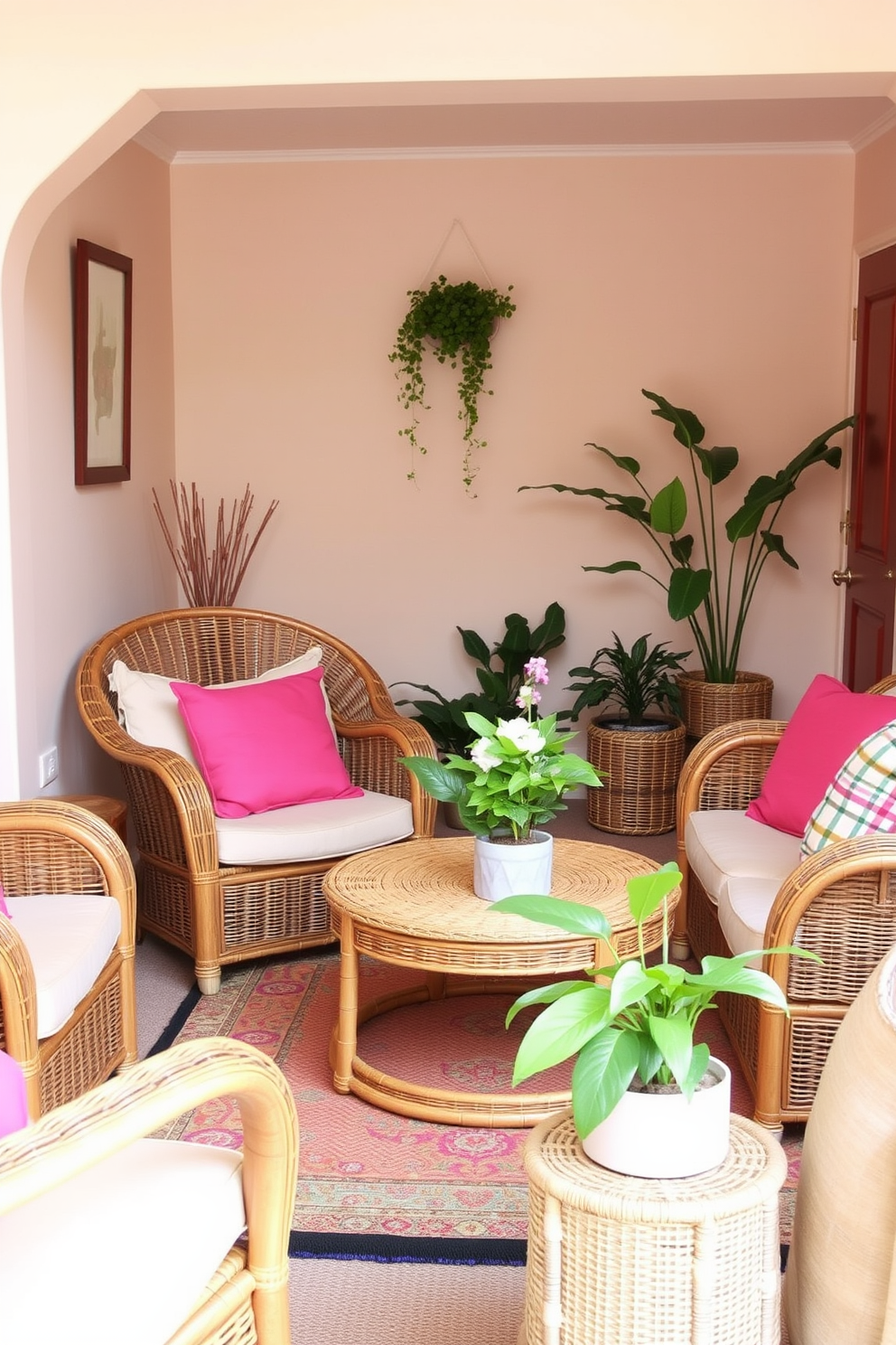 A cozy living room featuring wicker accents and rattan furniture, creating a warm and inviting atmosphere. Soft pastel colors adorn the walls, while a small coffee table made of natural rattan sits at the center, surrounded by plush seating. Brightly colored throw pillows add a touch of spring vibrancy to the space. A few potted plants with lush greenery are strategically placed to enhance the small space and bring the outdoors inside.