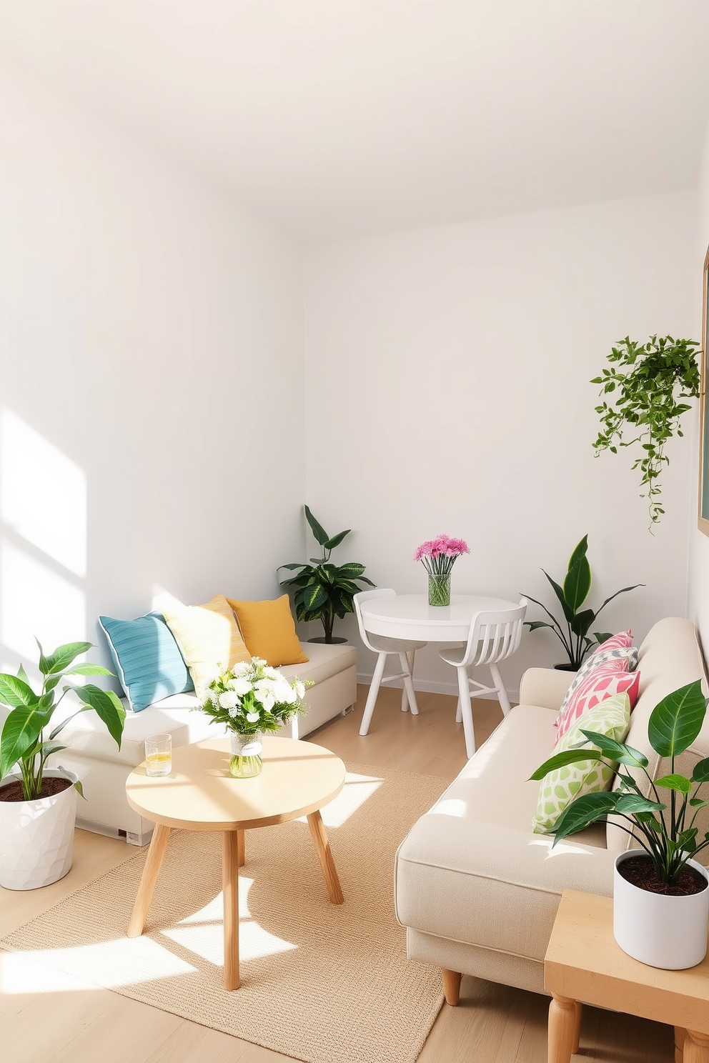 A bright and airy small living space features walls painted in soft pastel shades that reflect natural light. The room is furnished with a cozy sectional sofa, accented by colorful throw pillows and a light wooden coffee table. In one corner, a compact dining area is set up with a round table and light-colored chairs, creating an inviting atmosphere. Decorative plants are placed strategically throughout the space to enhance the fresh and vibrant feel of spring.