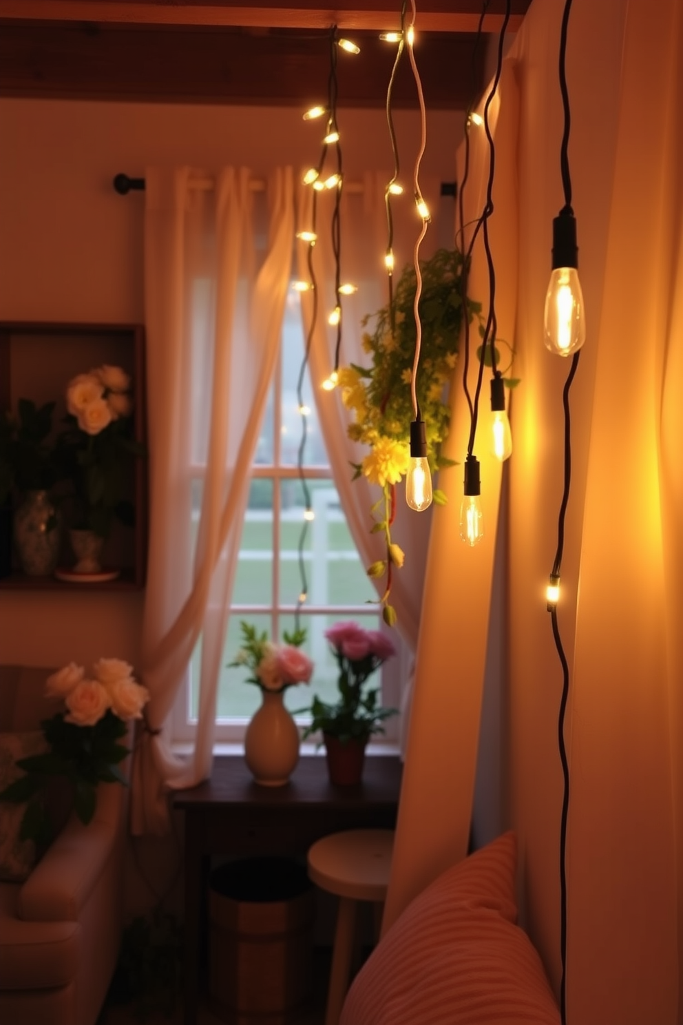 Create a cozy ambiance by hanging string lights in a small space. The soft glow of the lights enhances the warmth of the room while adding a touch of whimsy to the decor. Incorporate spring elements with fresh flowers and pastel colors. Use light fabrics and airy textures to create an inviting atmosphere that celebrates the season.