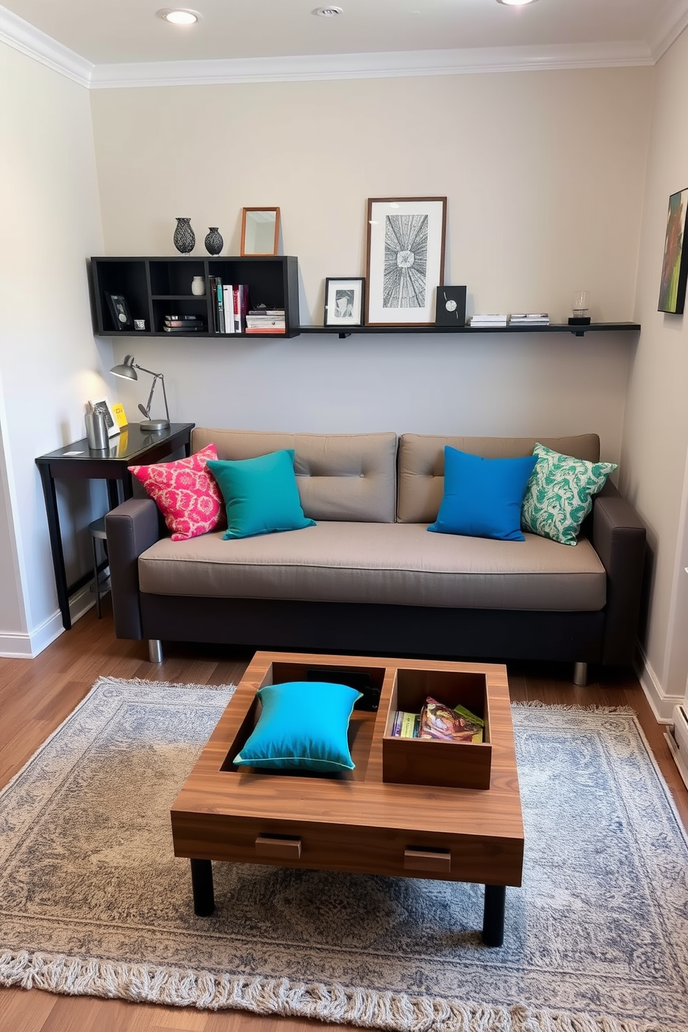 A cozy living room featuring a stylish sofa bed that easily transforms into a comfortable sleeping area. A compact coffee table with built-in storage sits in front of the sofa, surrounded by vibrant throw pillows and a soft area rug. In the corner, a wall-mounted desk serves as a workspace while keeping the floor clear. Shelving above the desk displays decorative items and books, adding personality to the small space.