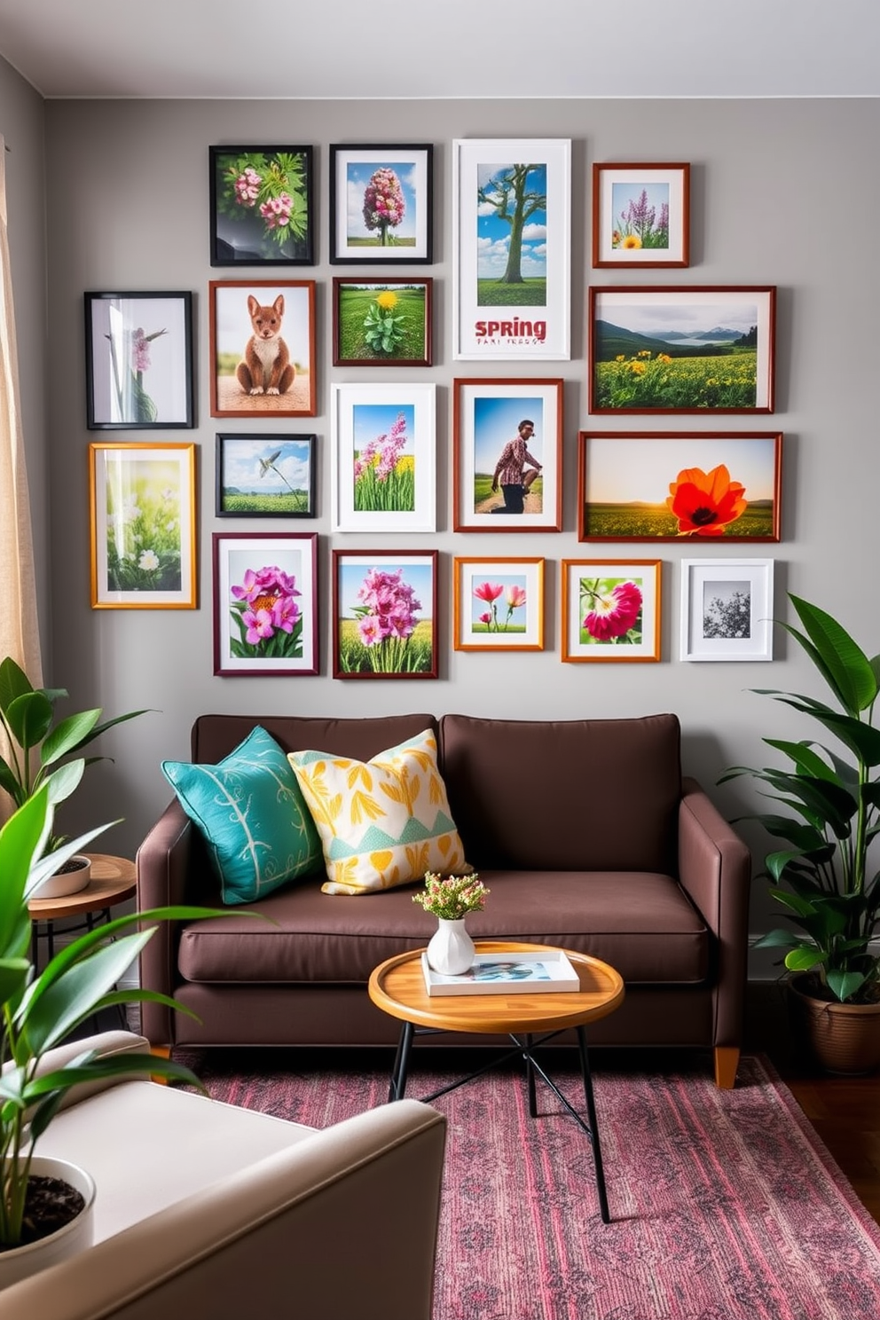 A cozy living room that maximizes space with a gallery wall showcasing vibrant spring photos in various frames. The arrangement includes botanical prints and cheerful landscapes, adding a fresh touch to the room's decor. Incorporate a compact sofa with colorful throw pillows and a small coffee table that doubles as storage. Add potted plants in the corners to enhance the spring theme and create a welcoming atmosphere.