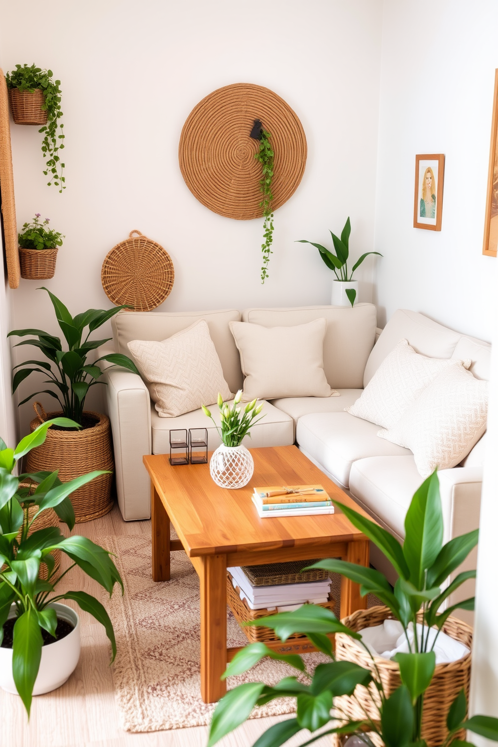 A charming small living area features a cozy seating arrangement with a light-colored sofa and a wooden coffee table. Decorative baskets are strategically placed around the room for stylish storage, adding a touch of warmth and organization. Bright green plants are scattered throughout the space, bringing a fresh spring vibe to the decor. Soft pastel cushions on the sofa complement the light color scheme, creating an inviting atmosphere perfect for relaxation.