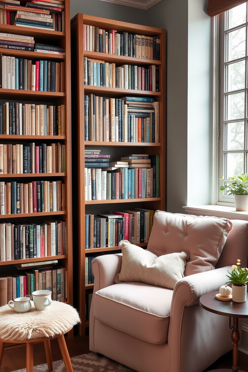 Create a cozy reading nook with plush cushions in soft pastel colors. A comfortable armchair is positioned next to a tall bookshelf filled with an array of books and a small side table for a cup of tea.