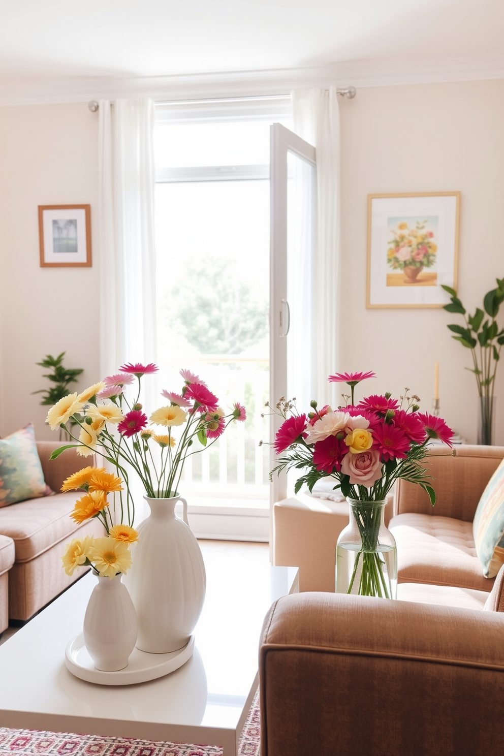 A charming small living space filled with natural light. Fresh flowers in elegant vases are placed on a minimalist coffee table, adding a vibrant touch to the room. The walls are painted in soft pastel colors, creating a serene atmosphere. Cozy seating arrangements with colorful cushions invite relaxation and comfort.