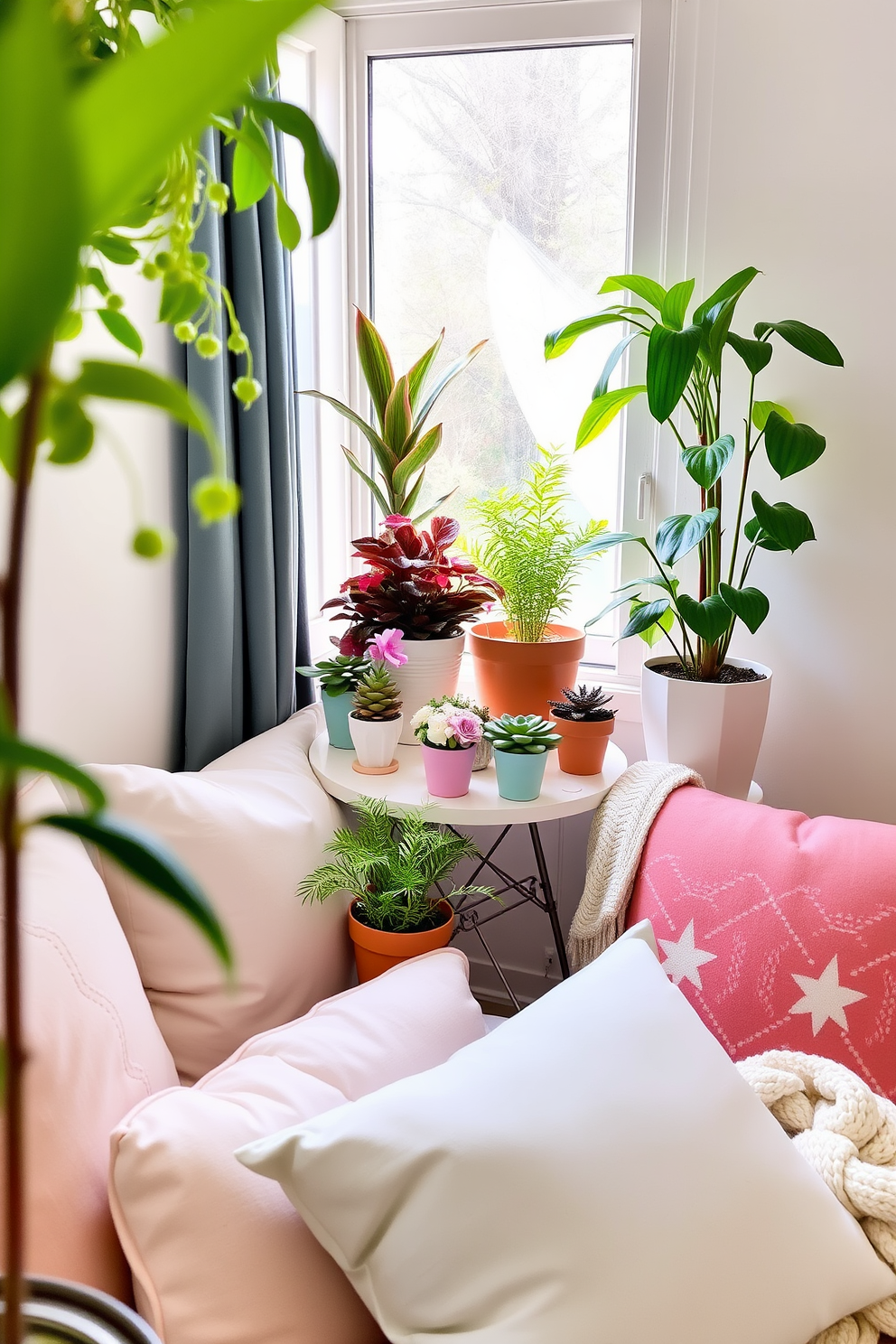 A cozy small space decorated for spring features a small side table adorned with a variety of vibrant potted plants. The table is positioned near a window, allowing natural light to illuminate the greenery and create a refreshing atmosphere. Soft pastel colors dominate the decor, with cushions and throws that invite comfort and warmth. The walls are painted in a light shade, enhancing the feeling of openness and tranquility in the space.