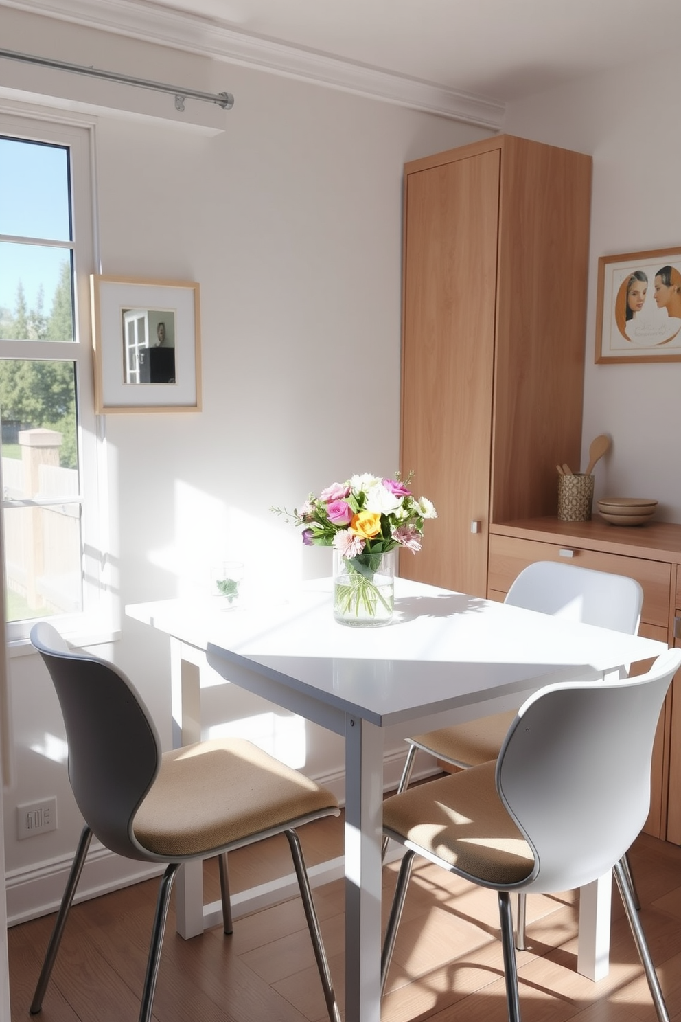 A cozy dining area featuring a folding dining table that can be easily tucked away when not in use. The table is surrounded by modern chairs with soft cushions, creating an inviting space for meals and gatherings. Bright, airy decor enhances the small space, with light-colored walls and natural light streaming in through a nearby window. A decorative centerpiece of fresh flowers sits atop the table, adding a touch of elegance to the setting.