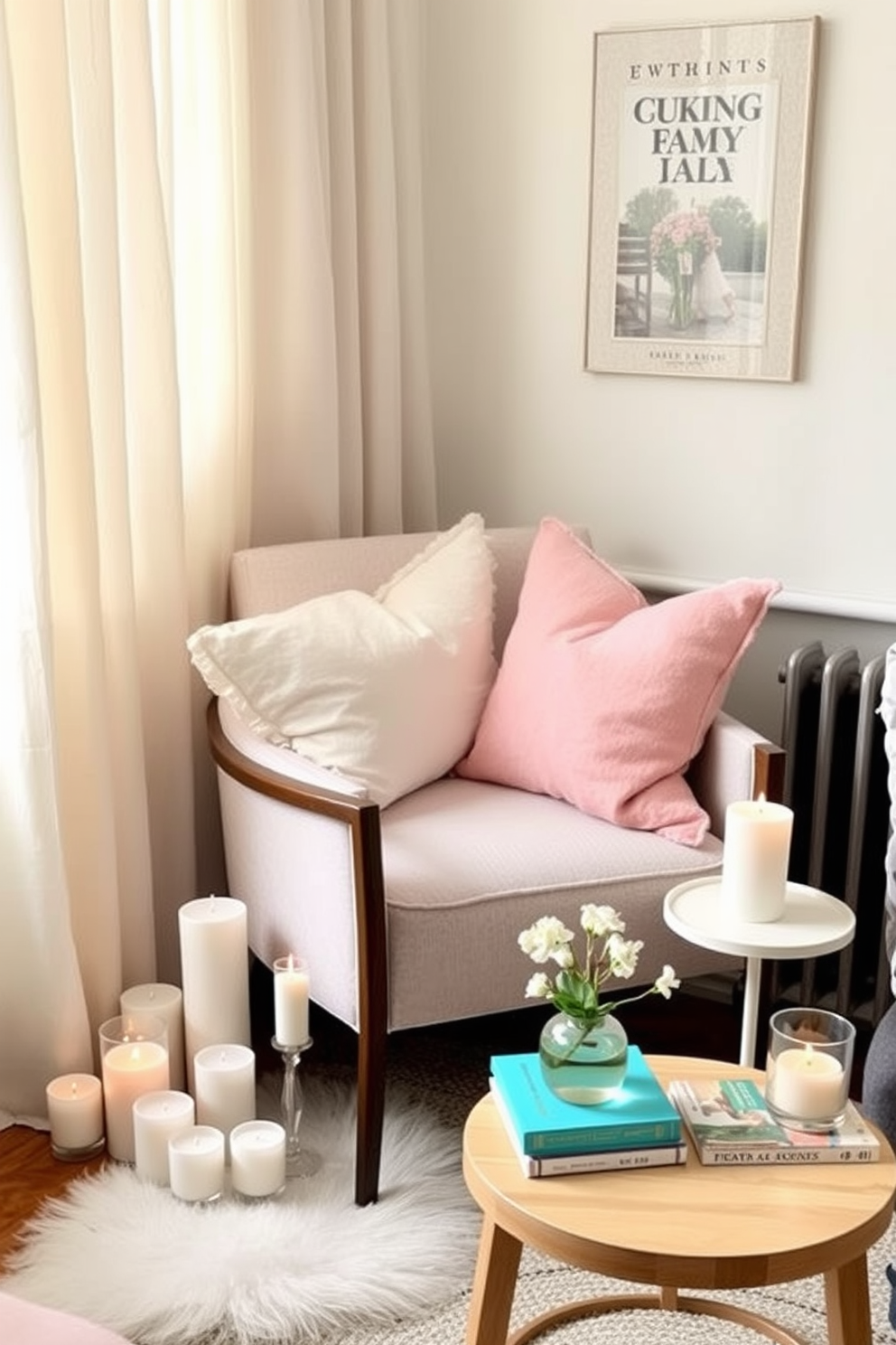 Create a cozy corner in a small living space featuring a stylish armchair adorned with pastel throw pillows. Surround the chair with an array of scented candles in varying heights to infuse the area with a fresh aroma. Incorporate a small side table made of light wood to hold a stack of colorful books and a delicate potted plant. Hang light, sheer curtains to allow natural light to filter in, enhancing the spring vibe of the decor.