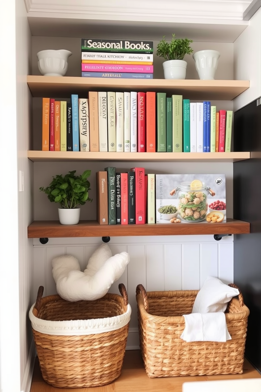 Display seasonal cookbooks on open shelves in a cozy kitchen nook. Arrange the books by color for a visually appealing look, complemented by small potted herbs for a touch of greenery. Incorporate light pastel colors and natural textures to enhance the spring vibe. Use decorative baskets to store kitchen essentials while maintaining a clutter-free space.