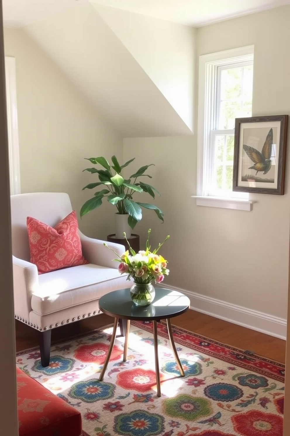 A charming small space living area featuring a cozy accent chair upholstered in light fabric. The walls are painted in a soft pastel hue, and a small round coffee table sits in front of the chair, adorned with a fresh bouquet of spring flowers. Natural light pours in through a nearby window, illuminating the space and highlighting a colorful area rug that adds warmth. Decorative pillows in vibrant patterns are placed on the chair, inviting relaxation and comfort.