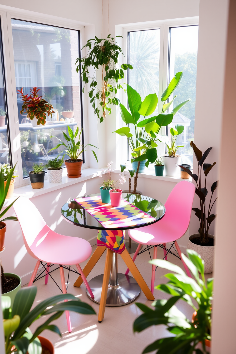 A vibrant dining area featuring a small round table adorned with a colorful table runner that adds a cheerful touch. Surrounding the table are four stylish chairs in a mix of pastel colors, creating a lively and inviting atmosphere. The walls are painted in a soft white, enhancing the brightness of the space while large windows allow natural light to flood in. Potted plants in various sizes are strategically placed around the room, bringing a fresh and lively feel to the small space.