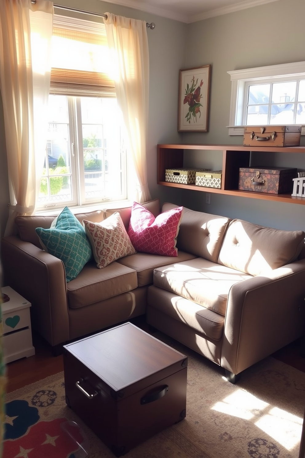 A charming small space living area that utilizes decorative boxes for hidden storage. The room features a cozy sofa adorned with colorful throw pillows, complemented by a stylish coffee table that doubles as a storage unit. Bright, airy curtains frame the windows, allowing natural light to flood the space. A few decorative boxes are strategically placed on shelves, adding both functionality and a touch of elegance to the decor.