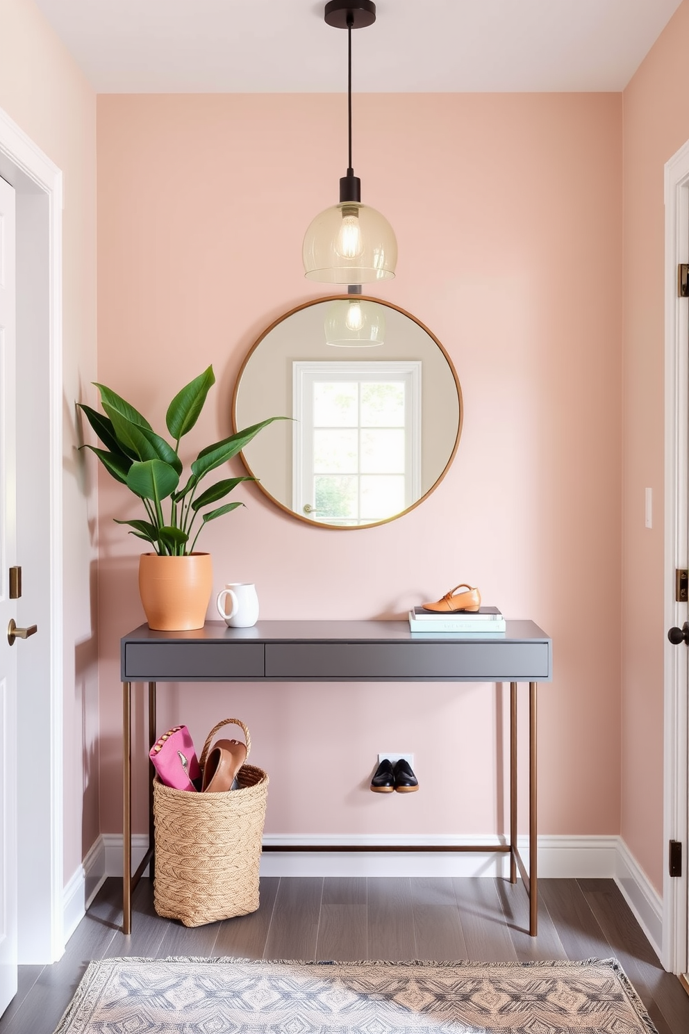 Create a welcoming entryway that features a sleek console table with a round mirror above it. Add a vibrant potted plant on one side and a stylish basket for shoes on the other. Incorporate soft lighting with a chic pendant lamp hanging from the ceiling. Use a pastel color palette on the walls to enhance the space and make it feel airy and inviting.