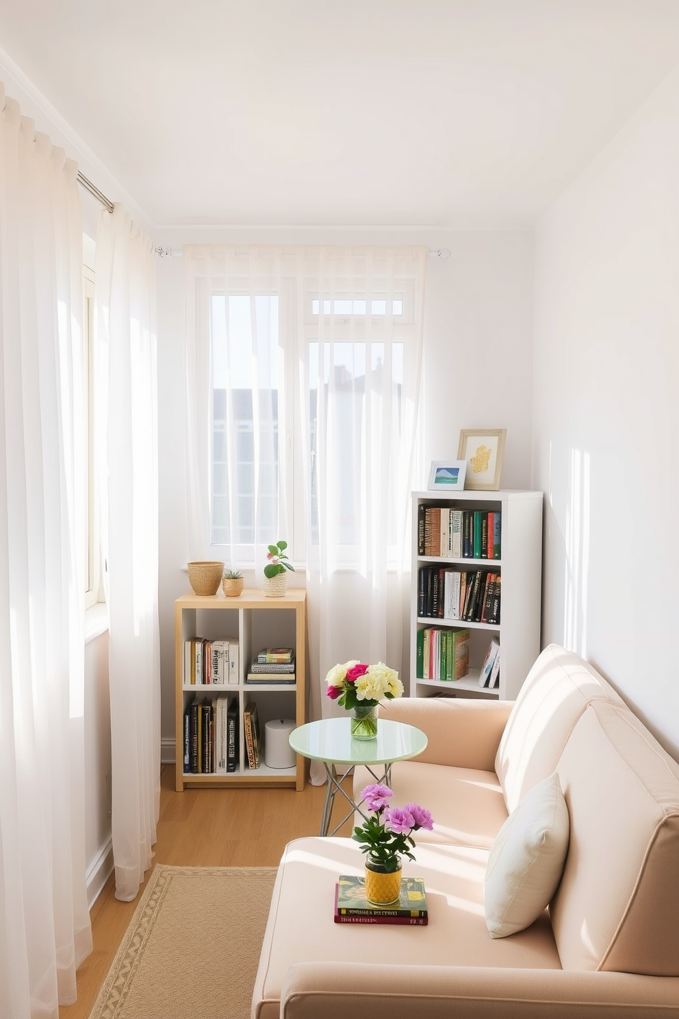 A bright and airy small living space with light sheer curtains gently fluttering in the breeze. The room features a cozy seating area with a pastel-colored sofa, complemented by a small coffee table adorned with fresh flowers. In one corner, a compact bookshelf displays an assortment of colorful books and decorative items. The walls are painted in soft white, enhancing the natural light that floods the space, creating a cheerful and inviting atmosphere.