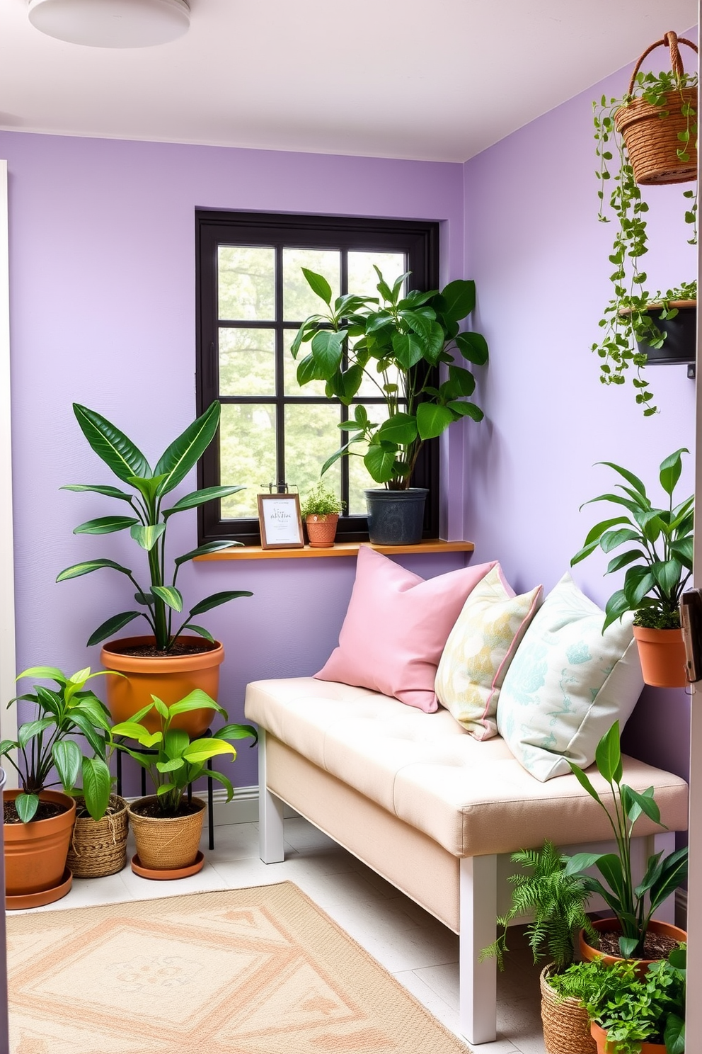 A charming small space living area filled with spring vibes. There’s a cozy small bench upholstered in pastel fabric positioned near a window, adorned with colorful throw pillows. The walls are painted in a soft lavender hue, creating a serene atmosphere. Potted plants in varying heights are placed around the room, bringing a fresh and lively touch to the decor.