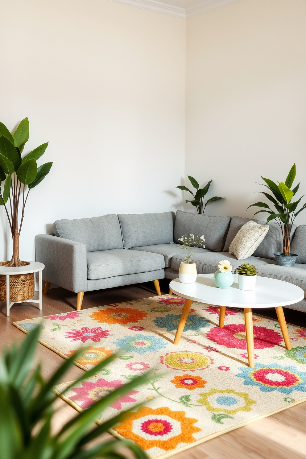 A cozy living room featuring a small sectional sofa in a soft gray fabric. A colorful area rug with vibrant patterns is placed beneath the coffee table, adding warmth and personality to the space. On the walls, light pastel colors create a fresh and airy atmosphere. Potted plants are strategically positioned to enhance the spring theme, bringing a touch of nature indoors.