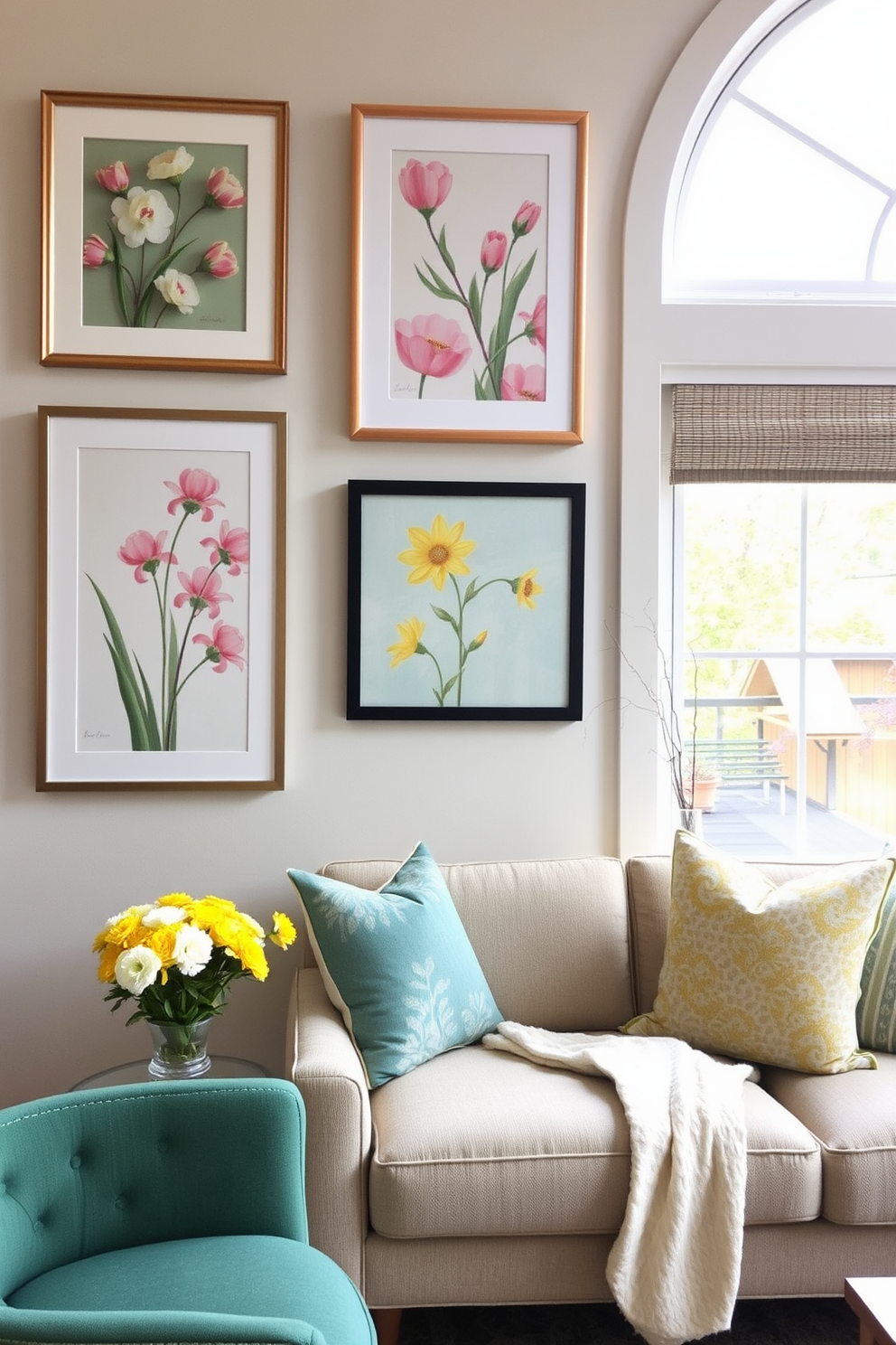 Display seasonal art on walls to bring a fresh and vibrant atmosphere to your space. Incorporate spring-themed pieces like floral paintings or pastel prints to enhance the seasonal decor. For small space decorating ideas, use multifunctional furniture that maximizes utility without overwhelming the area. Choose light colors and mirrors to create an illusion of more space while maintaining a cozy and inviting environment.