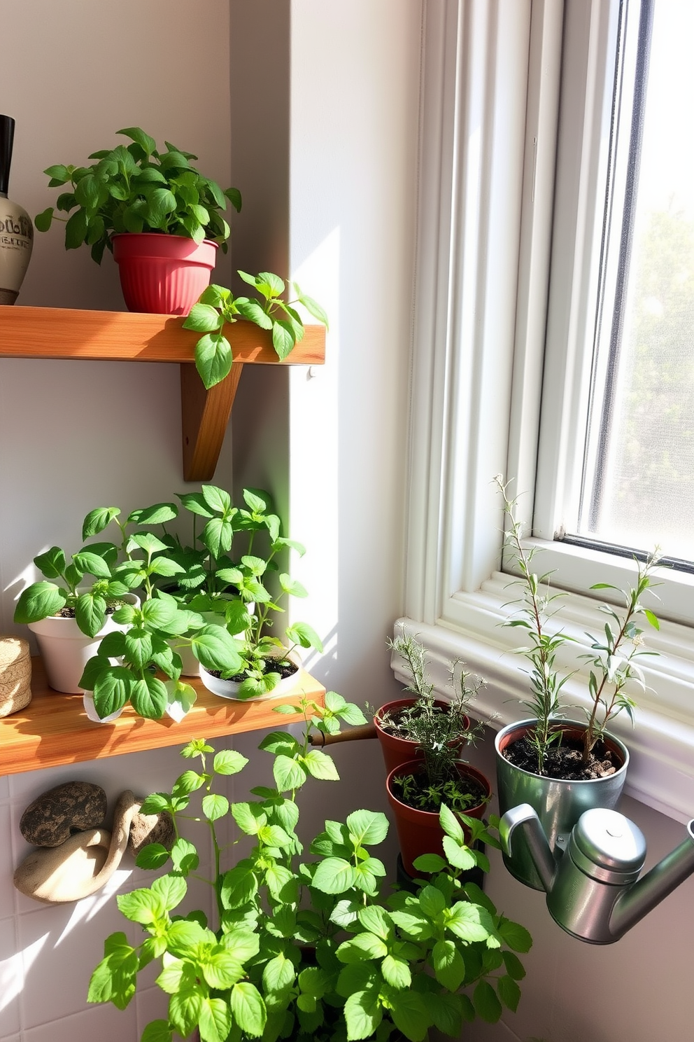 A charming indoor mini herb garden nestled in a bright kitchen corner. The space features small pots with fresh basil, mint, and rosemary arranged on a wooden shelf near a window, allowing natural light to nourish the plants. Decorative stones and a small watering can add a touch of rustic charm to the setup. The overall aesthetic is inviting and vibrant, perfect for enhancing the kitchen's decor while providing fresh herbs for cooking.