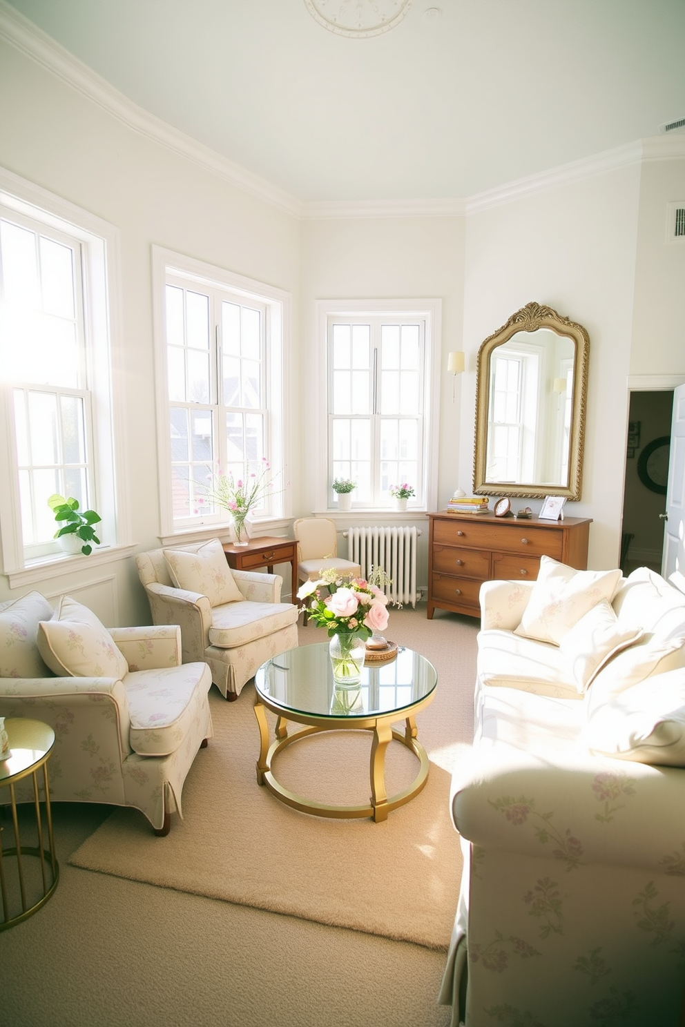 A bright and airy small living room filled with natural light. Large mirrors are strategically placed on the walls to enhance the sunlight streaming in through the windows. The decor features pastel colors and floral patterns that evoke the freshness of spring. Cozy furniture arrangements create a welcoming atmosphere perfect for relaxation and socializing.