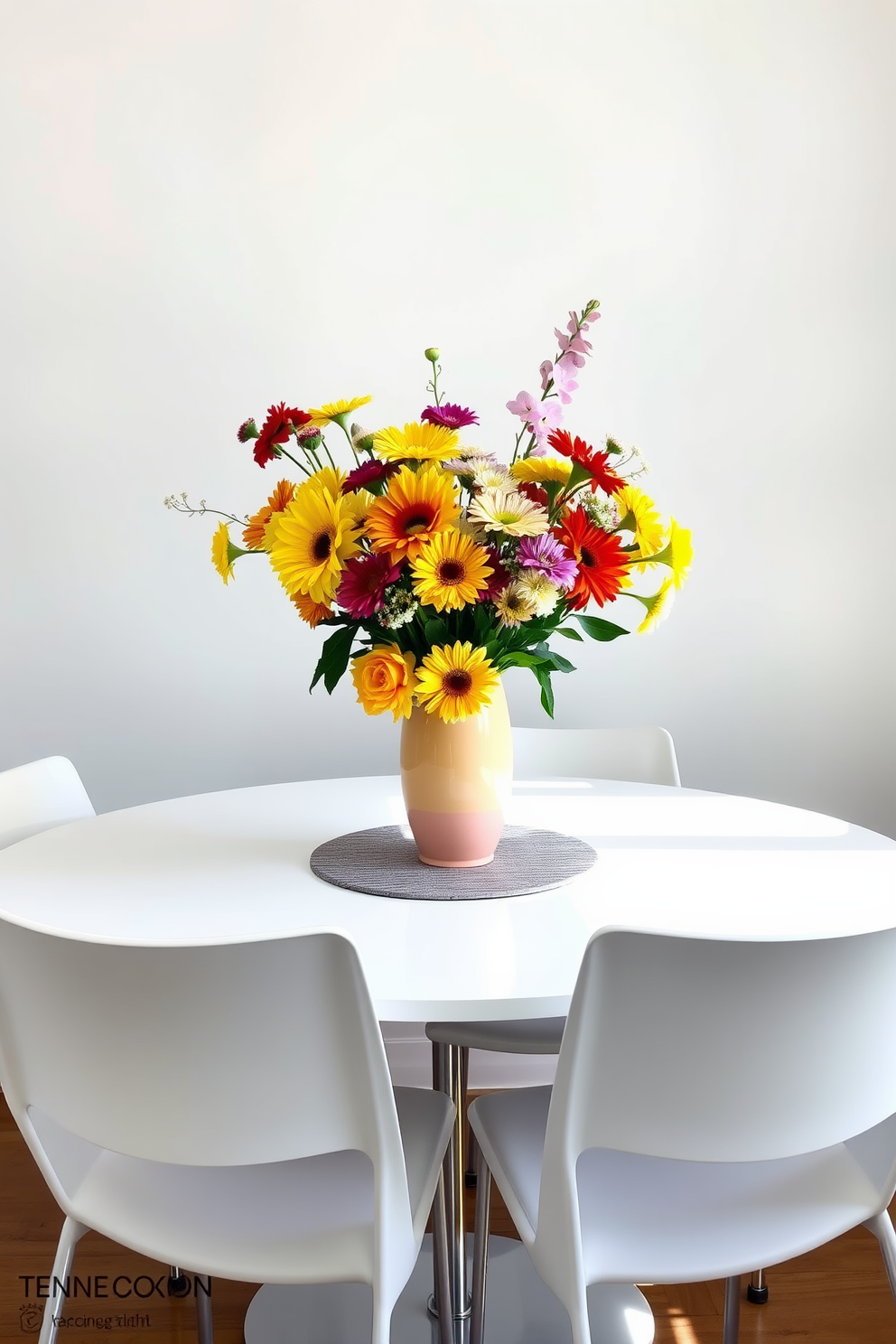 A bright and inviting dining table is adorned with a cheerful centerpiece featuring a vibrant arrangement of seasonal flowers in a pastel vase. Surrounding the table are four sleek, modern chairs, and the walls are painted in a soft, light color to enhance the airy feel of the small space.