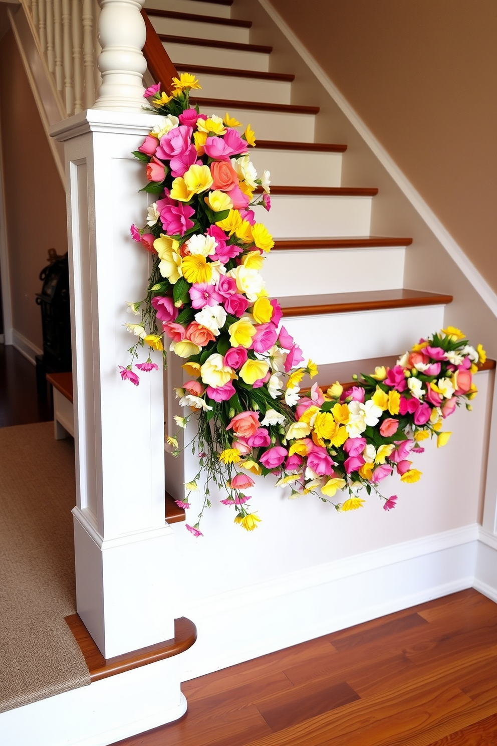 A beautiful spring staircase features a handrail adorned with a vibrant floral garland, bursting with colors of pink, yellow, and white blossoms. The garland gracefully cascades down the handrail, creating a cheerful and inviting atmosphere in the entryway.