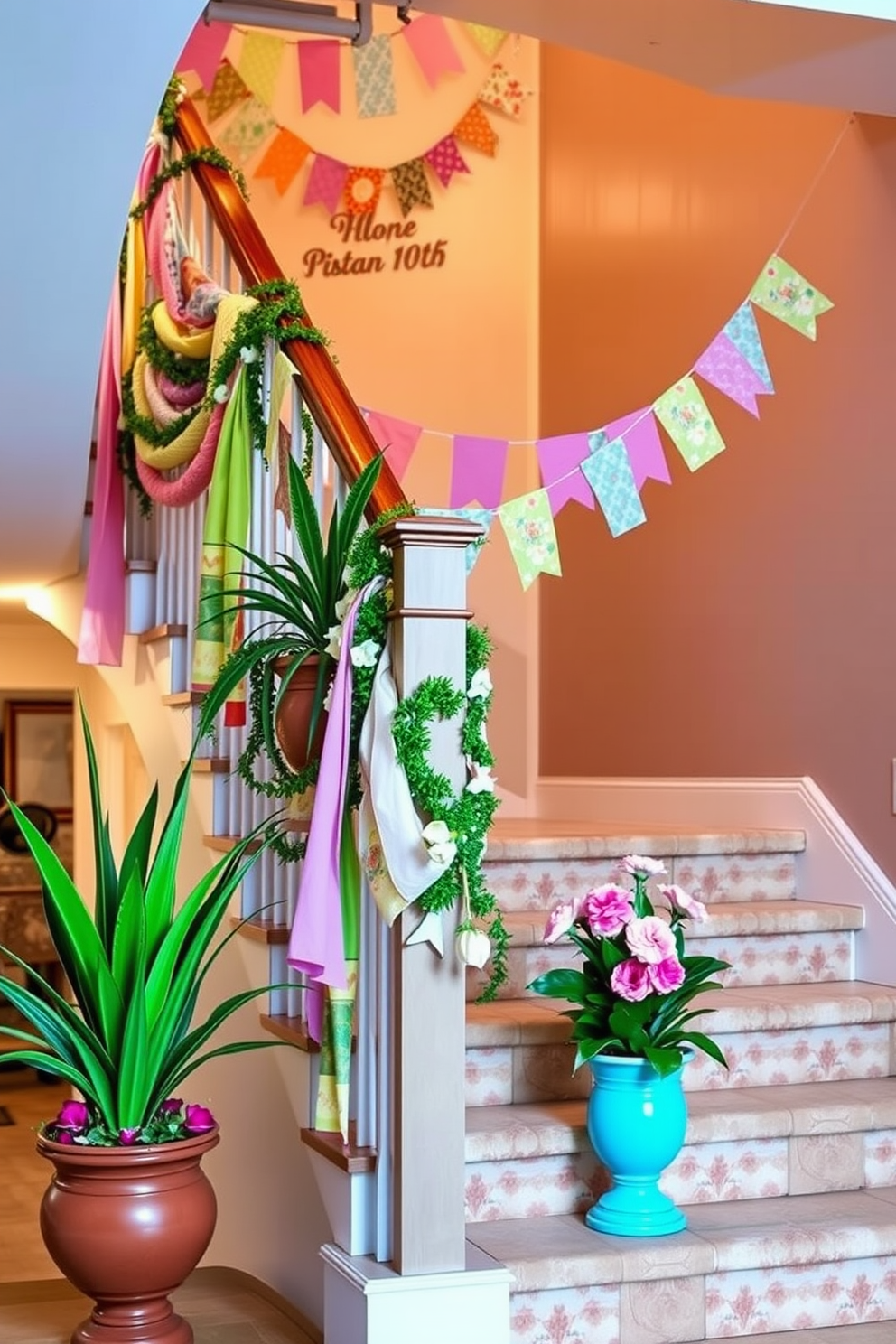 Create a vibrant and cheerful staircase adorned with colorful banners and bunting that celebrate the spirit of spring. The decorations feature a mix of pastel colors and floral patterns, draping elegantly along the banister and cascading down the steps. Incorporate fresh greenery and blooming flowers in decorative pots placed strategically on the staircase. Soft lighting enhances the festive atmosphere, creating a warm and inviting space perfect for welcoming guests.