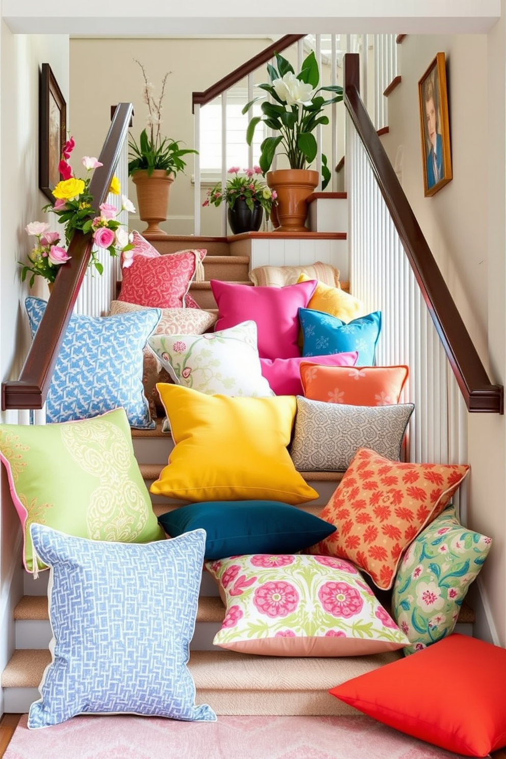 Colorful cushions are scattered across the staircase landing, creating a vibrant and inviting atmosphere. The cushions feature various patterns and textures, adding a playful touch to the overall design. The staircase is adorned with fresh spring decor, including potted plants and floral accents. Soft natural light filters in, enhancing the cheerful ambiance of the space.